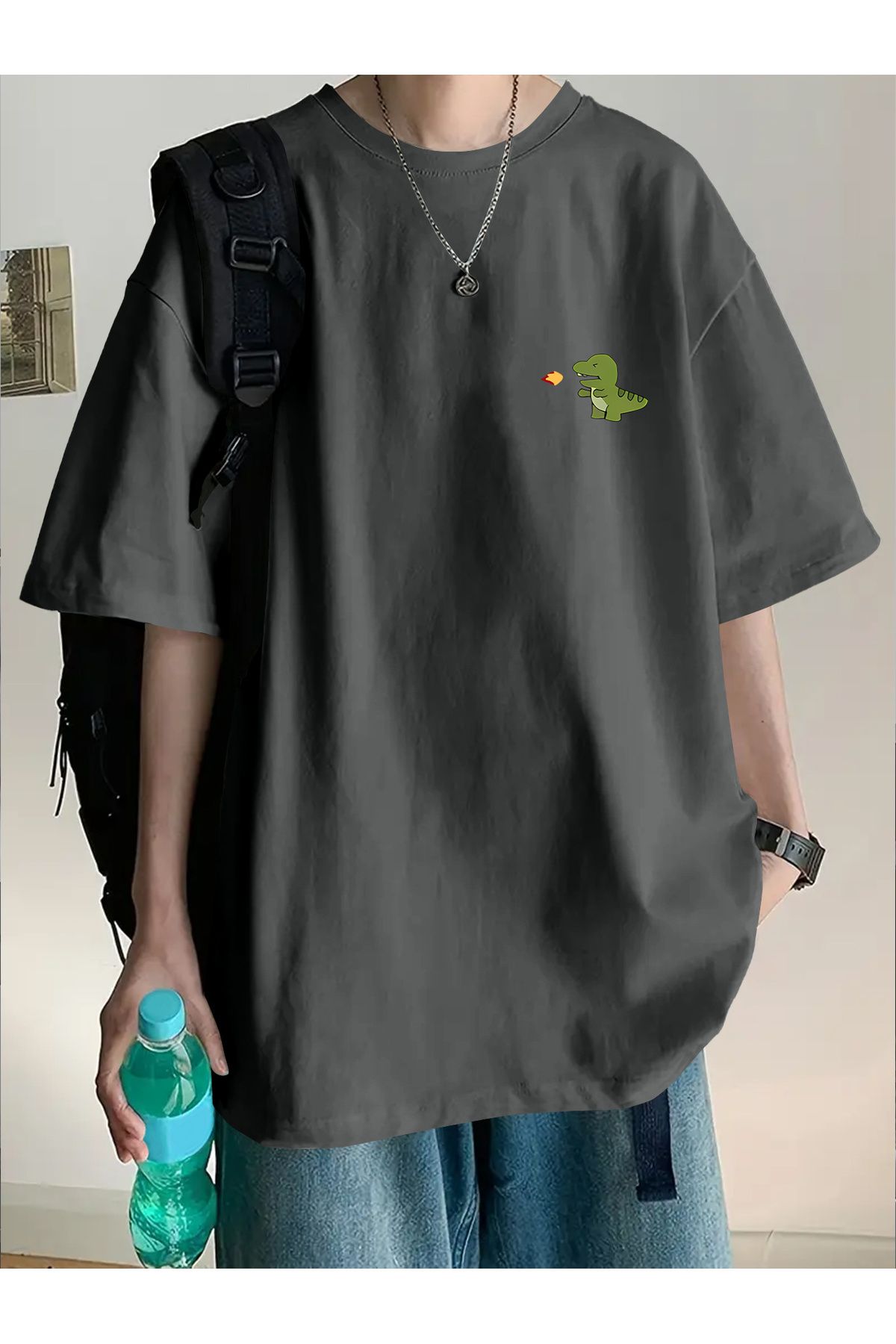 Jakinta Outdoors Baskılı Oversize Bisiklet Yaka Tişört Pamuk Penye 2 İplik Unisex & Günlük Rahat