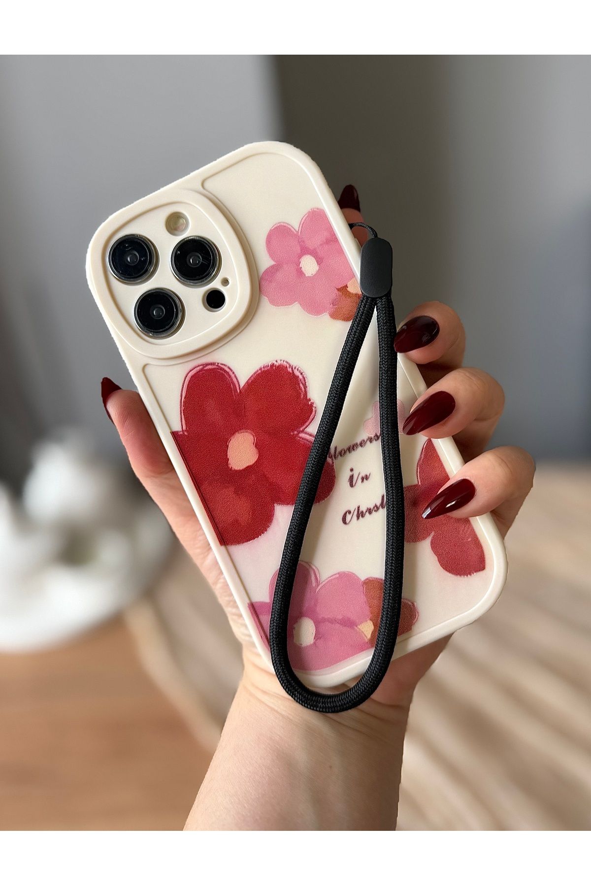 MirazTasarim IPHONE 14 PRO MAX TELEFON İPLİ ÇİÇEK DESENLİ KREM RENK KILIF