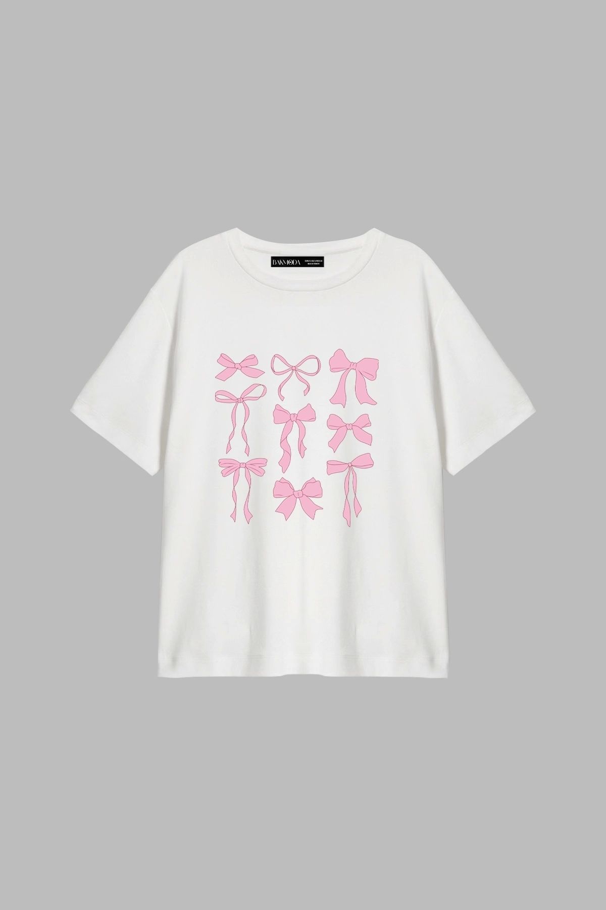 CİNEMA MODA Cute Fiyonk Baskılı Relaxed Fit Beyaz Kadın Tshirt