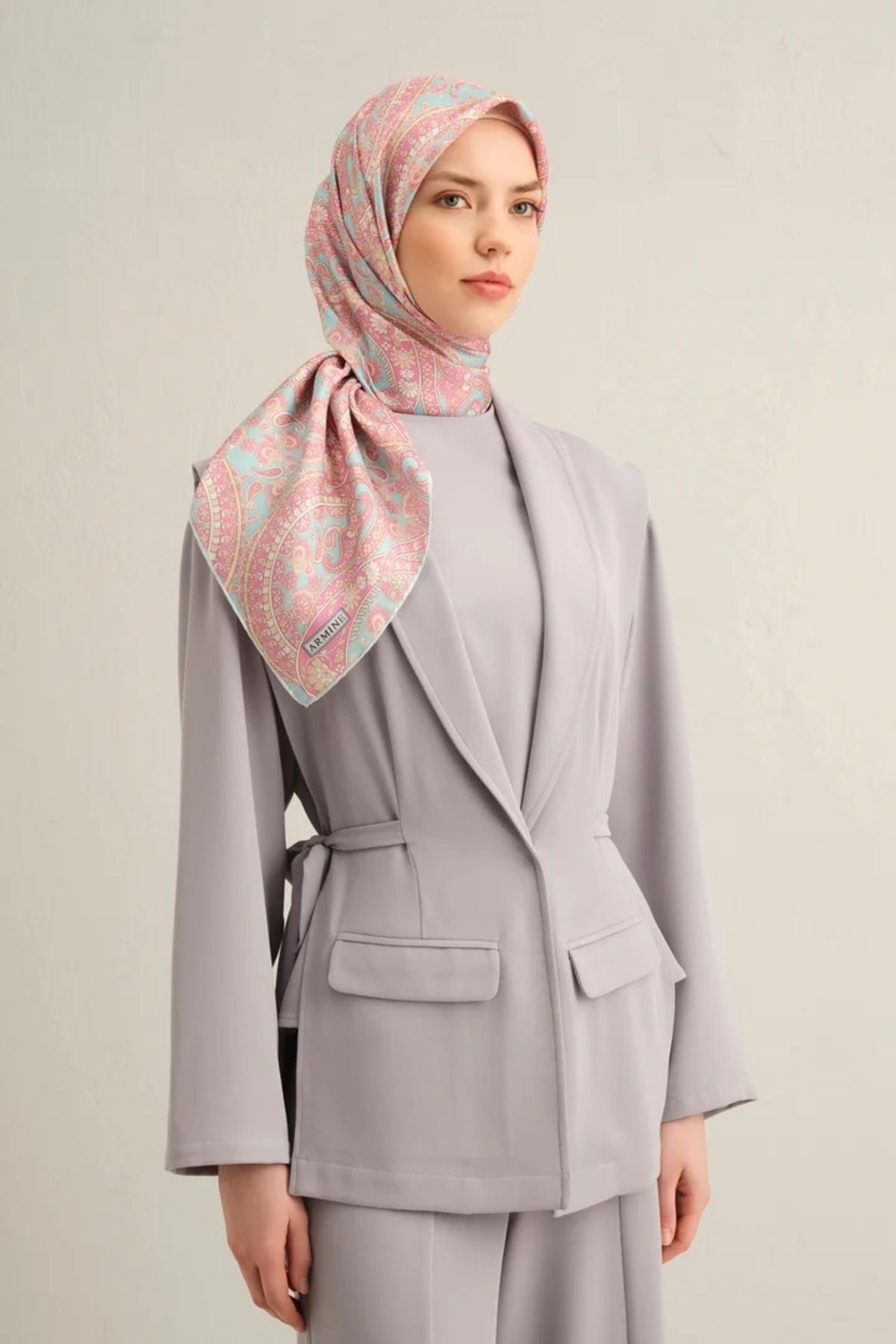 Armine Sura İpek Eşarp 9304DS Etnik Şal Desen Turkuaz-Pembe-31
