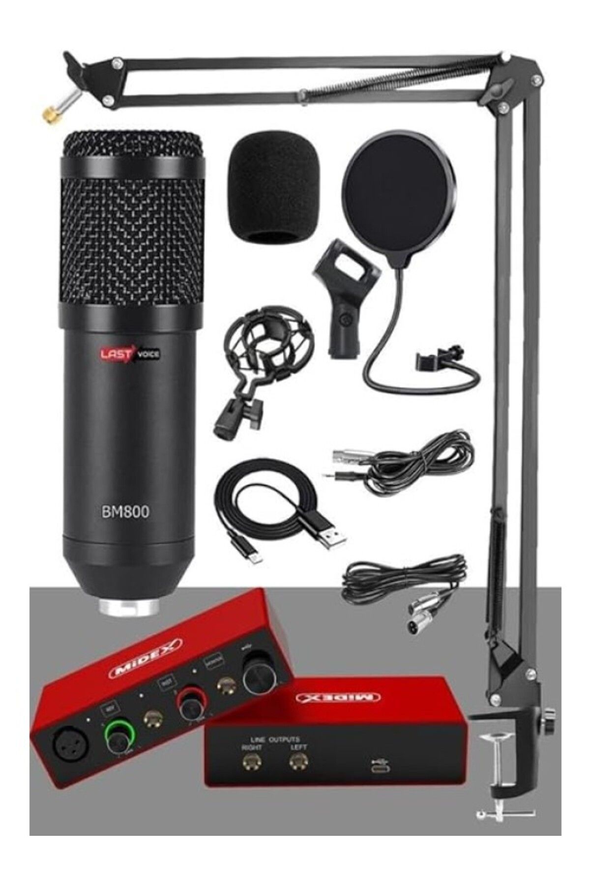 ShopZum Lastvoice Midex Glx Paket-3 Bm800 Mikrofon + Stüdyo Ses Kartı + Stand + Filtre