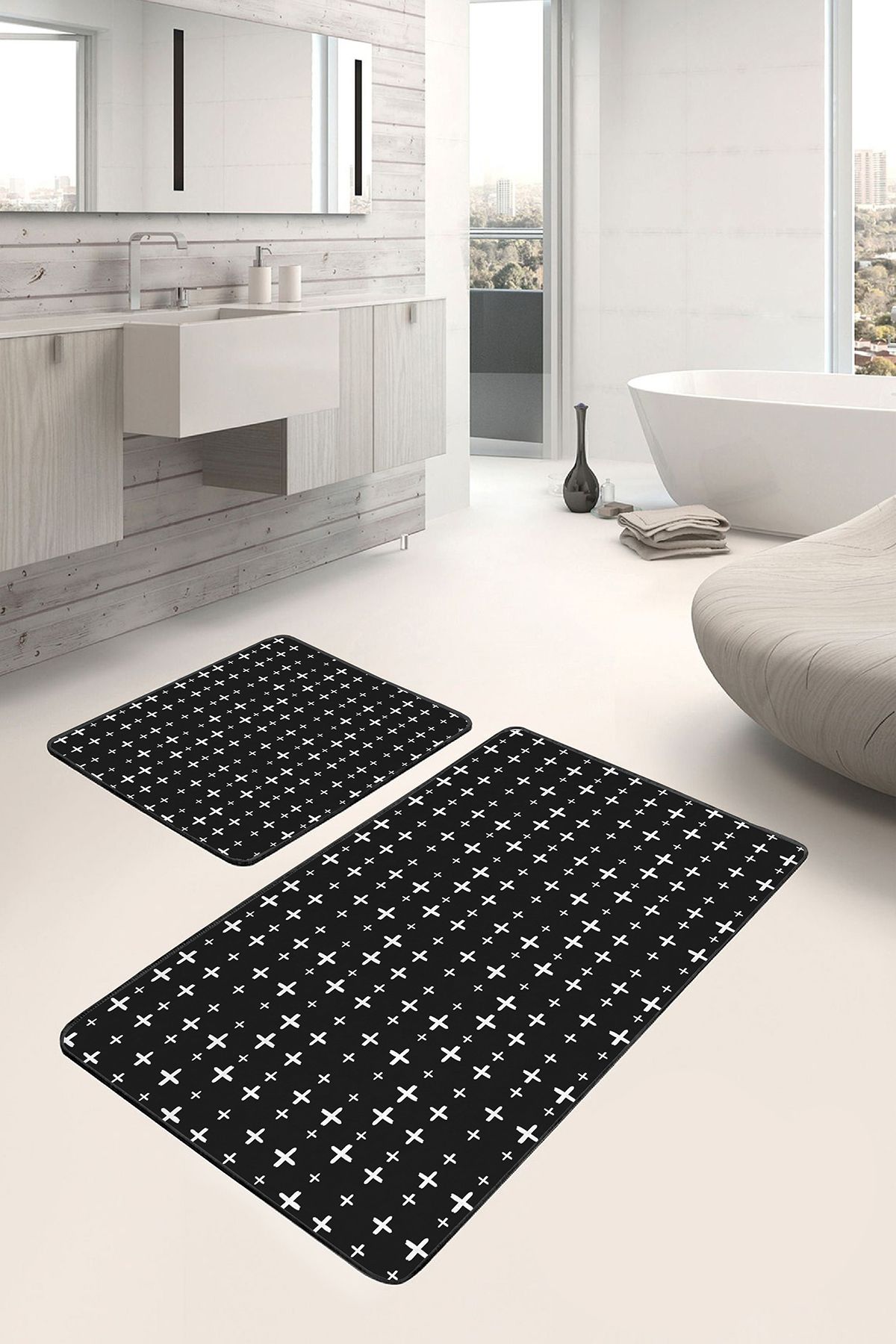 Realhomes Siyah Beyaz Zeminde Artı Işareti Motifli Klasik Sade Şık Geometrik 2'li Banyo Mutfak Paspas Takımı