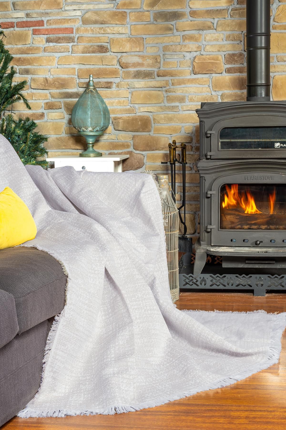 Latuda Home PureCot Premium Pamuklu Püsküllü Koltuk Örtüsü 180x220 Çift Taraflı Terletmez Kaymaz , Gri