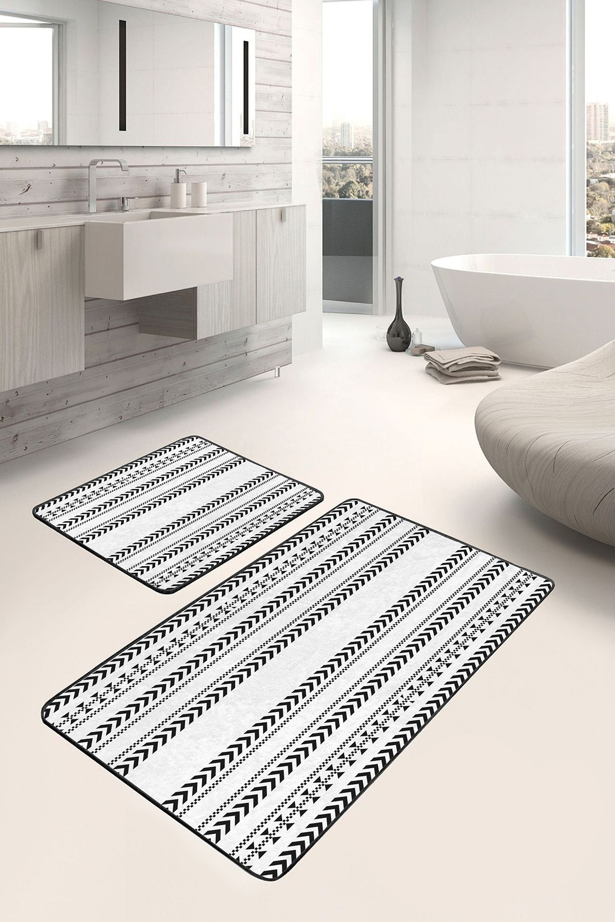 Realhomes Siyah - Beyaz Zeminde Yöresel Motifli Iskandinav Desenli Etnik Motifler 2'li Banyo Paspas Takımı