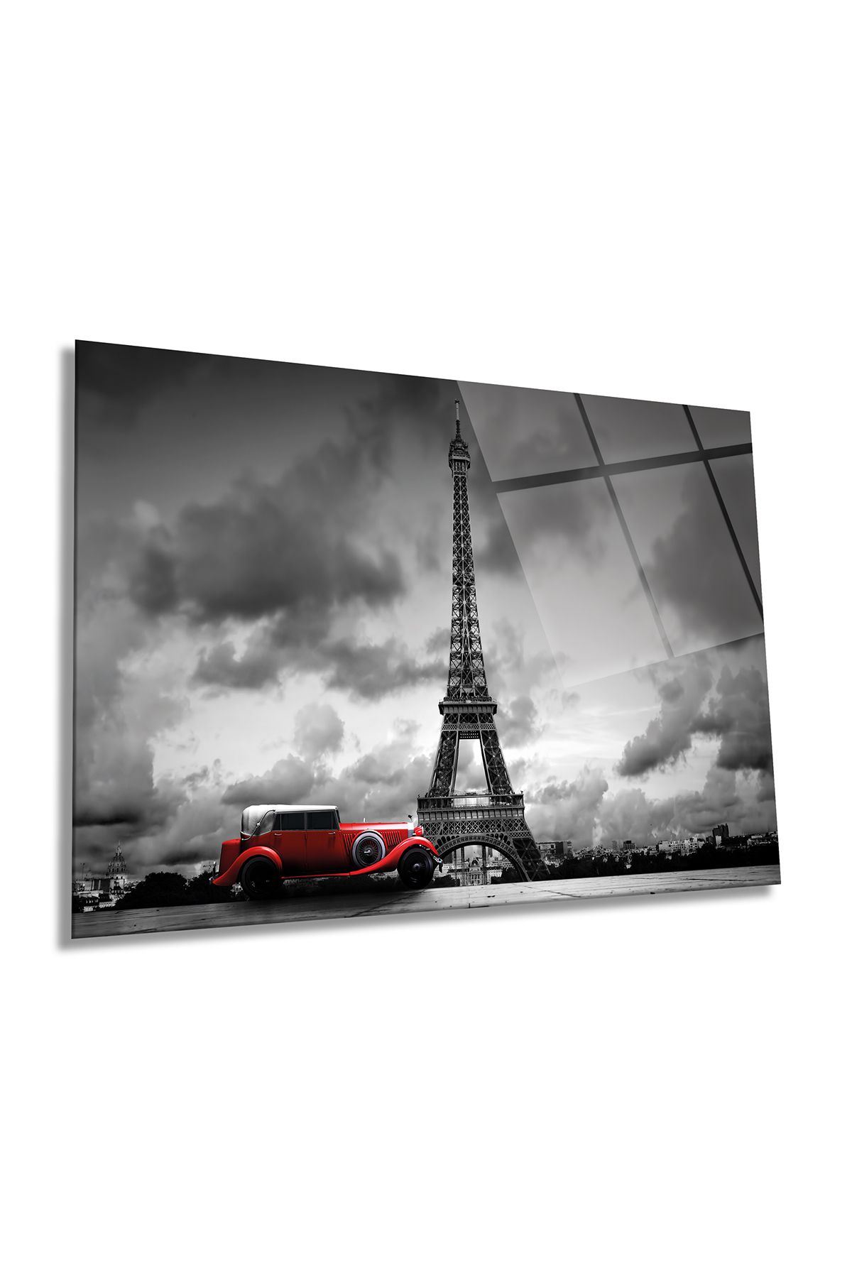 Rosyvien Paris Eiffel Kulesi Kırmızı Araba Yatay Cam Tablo, Manzara, Ev ve Ofis Duvar Dekoru, Lüks Hediyelik