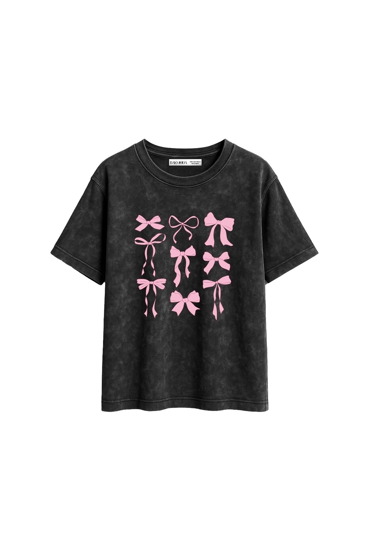 CİNEMA MODA Cute Fiyonk Baskılı Relaxed Fit Yıkamalı Siyah Kadın Tshirt