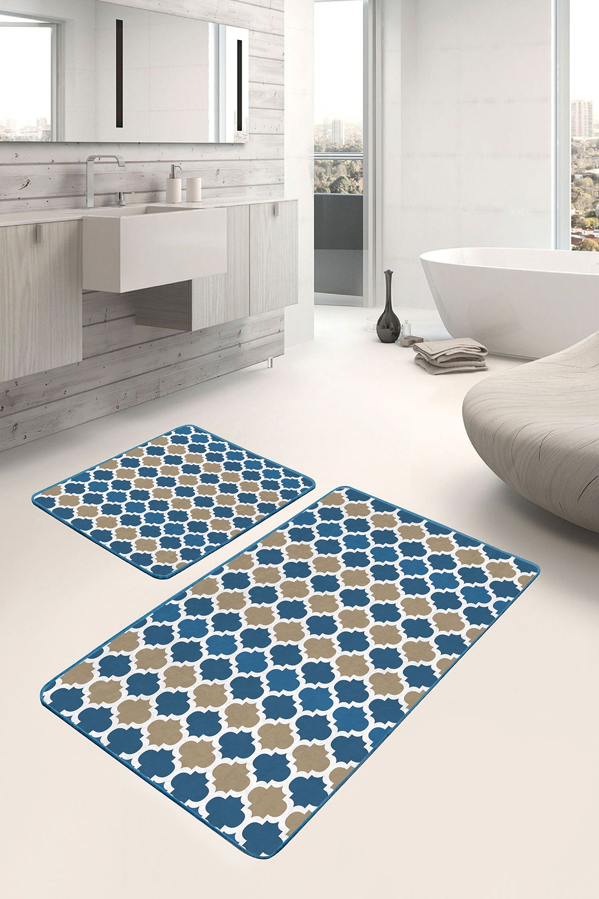 Realhomes Mavi - Bej Zeminde Morrocan Motifli Ogea Etnik Motifler Geometrik 2'li Banyo & Mutfak Paspas Takımı