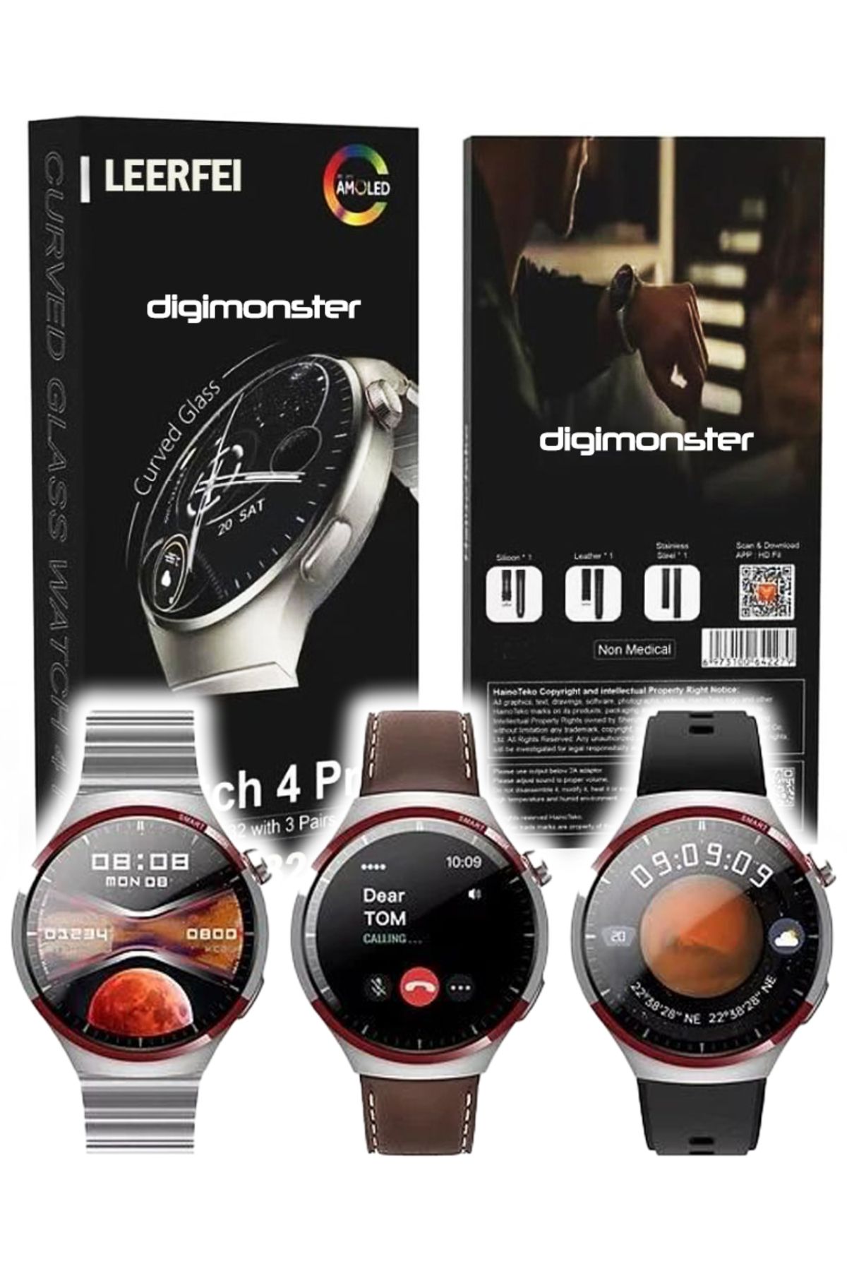 DigiMonster SW-32 Akıllı Saat - Bluetooth Arama, HD Ekran, Üç Kordonlu, Türkçe Menü