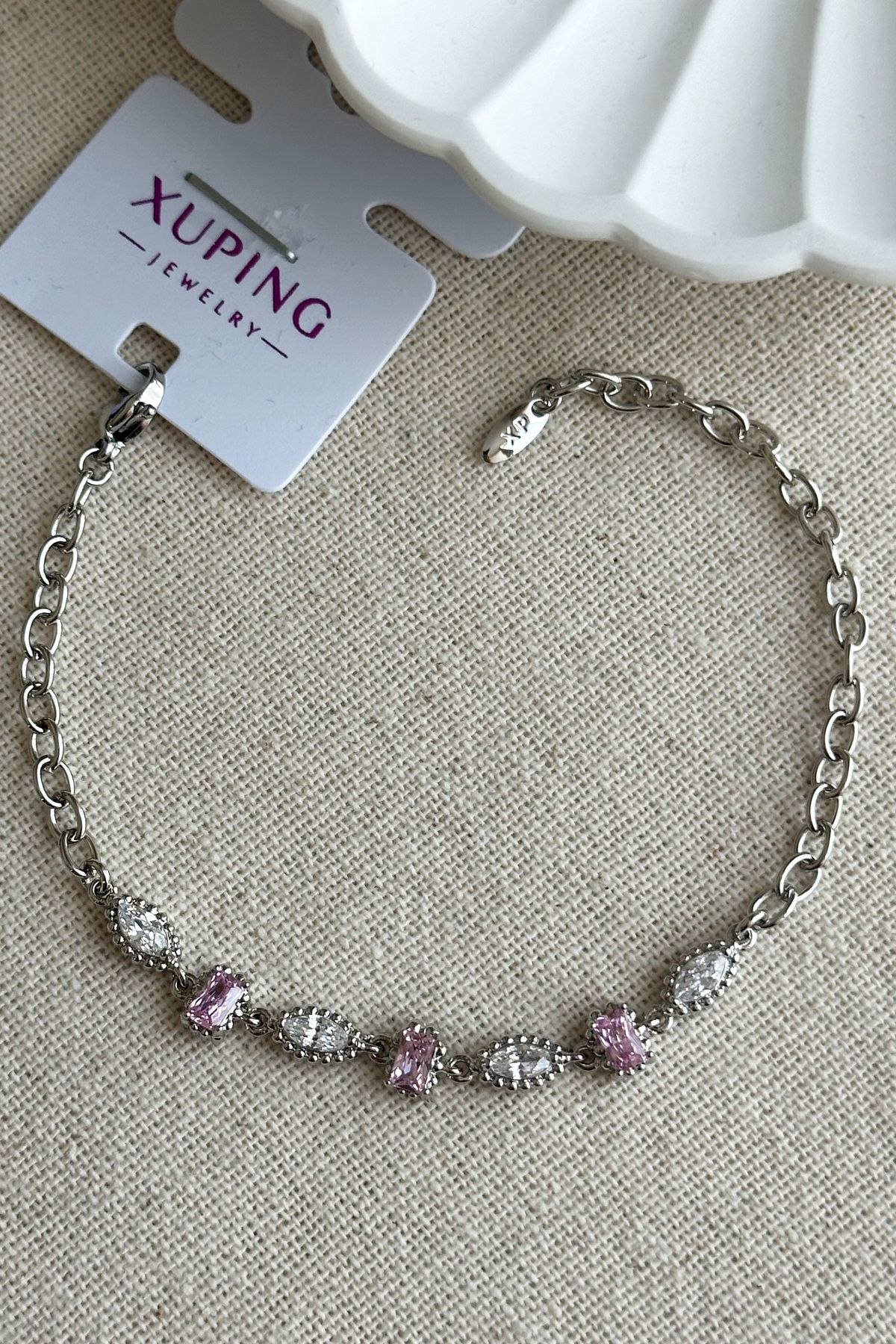 Modacaprea Xuping Pembe Taşlı Zincir Kadın Bileklik – 19 cm | Gümüş Renk Kararmaz Xuping Takı