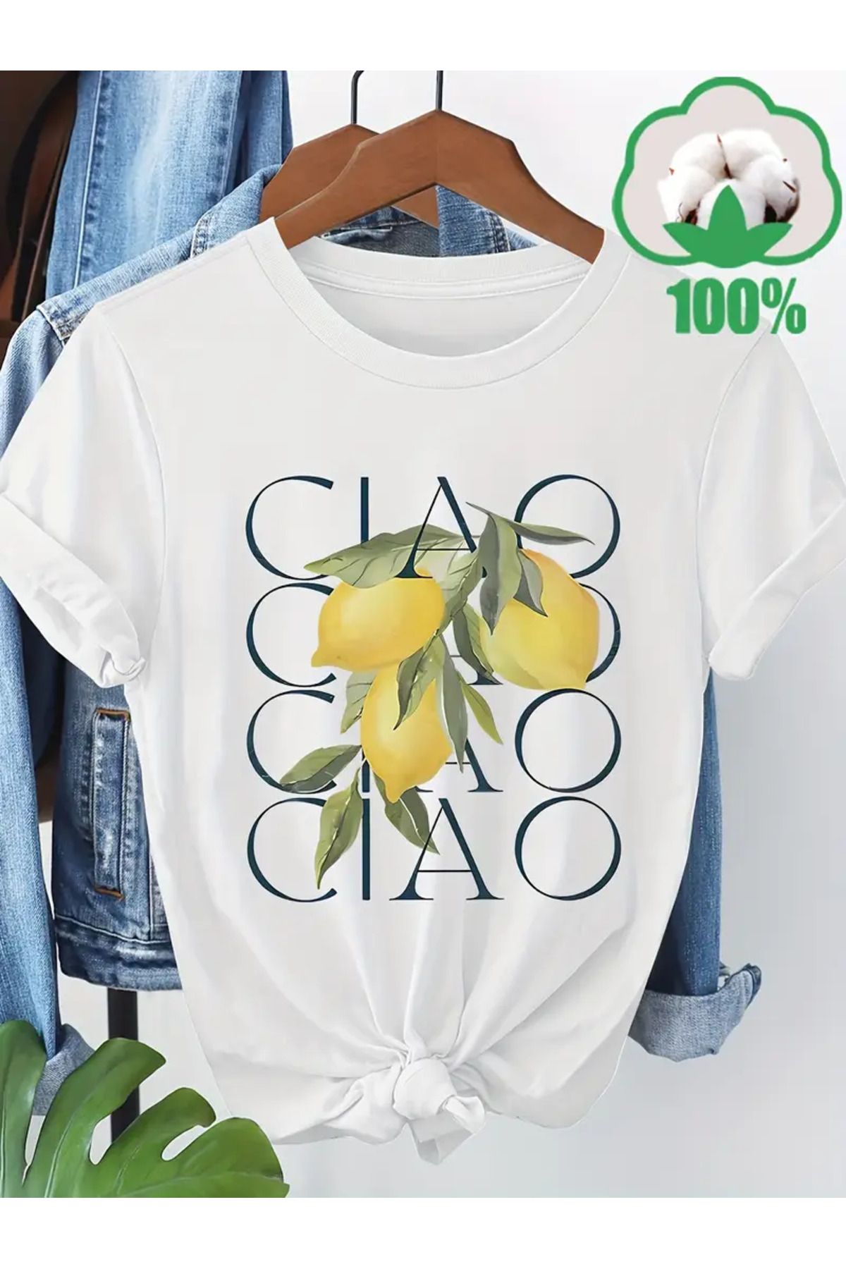 CLASİVA CIAO Limon Baskılı Kadın Oversize Bisiklet Yaka T-shirt