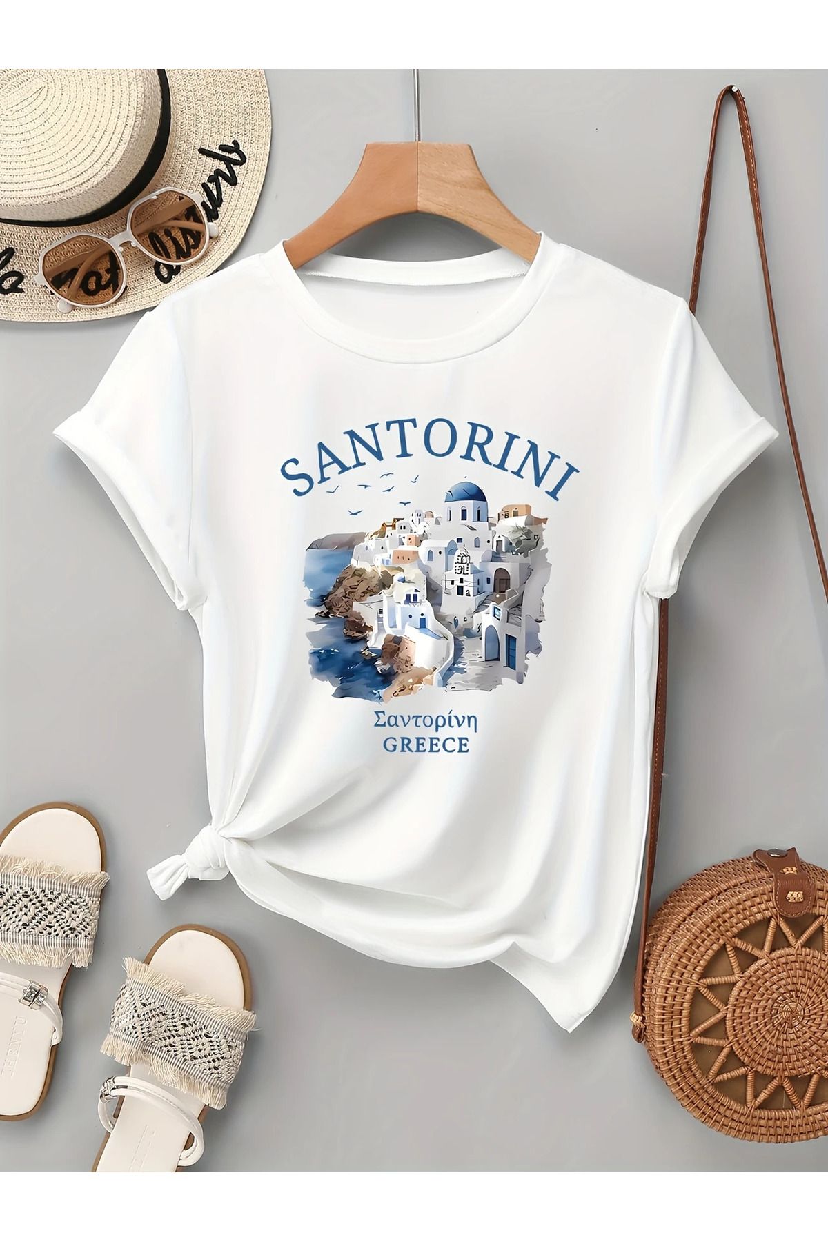 İnazuma Outdoors Unisex Oversize Baskılı Pamuklu Bisiklet Yaka Kısa Kollu BEYAZ T-shirt SANTORINI