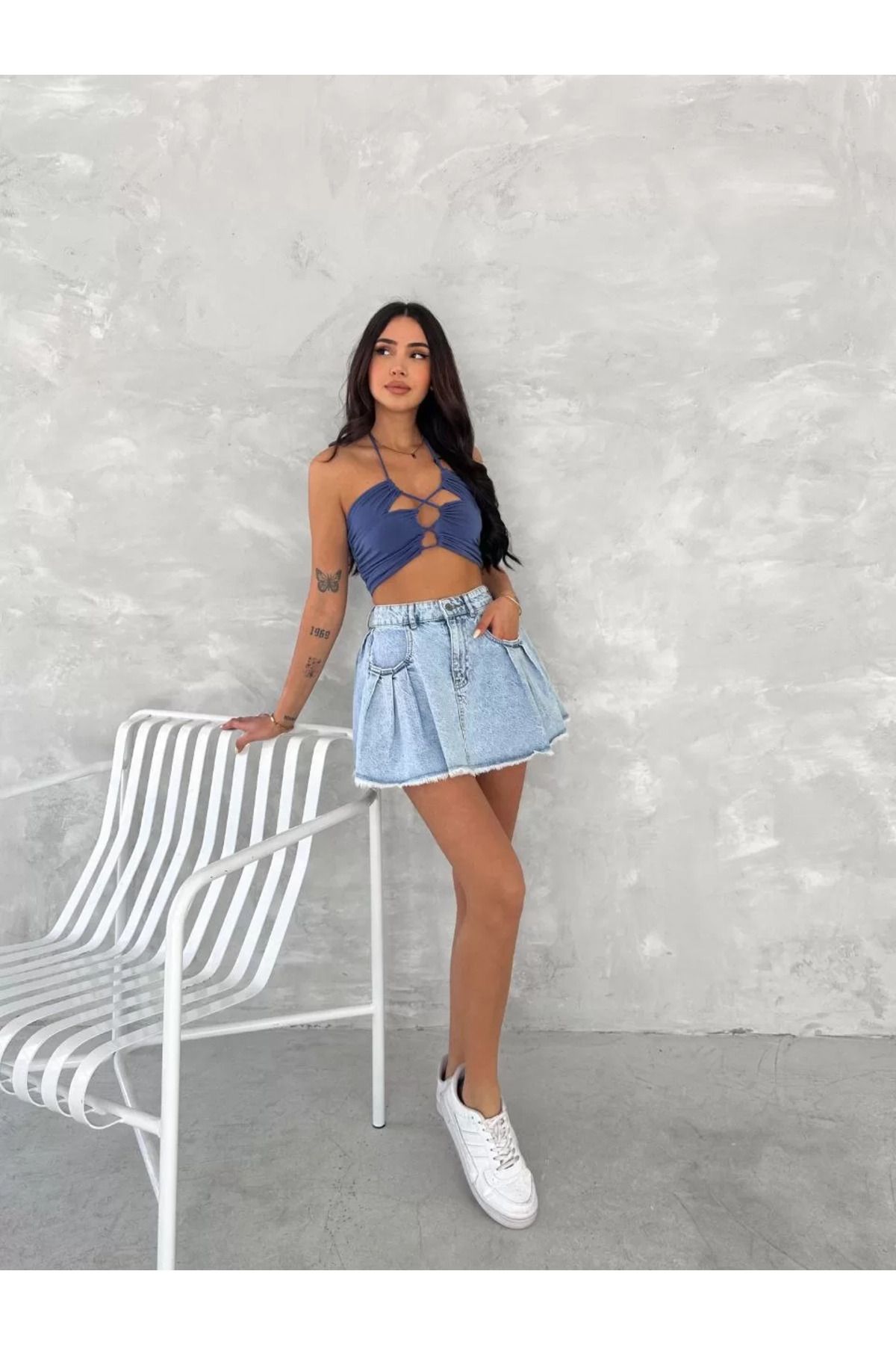 FantaziAtölyesi Kot Jeans Kesimetrik Kesim Cepli Şortlu Etek - Mavi