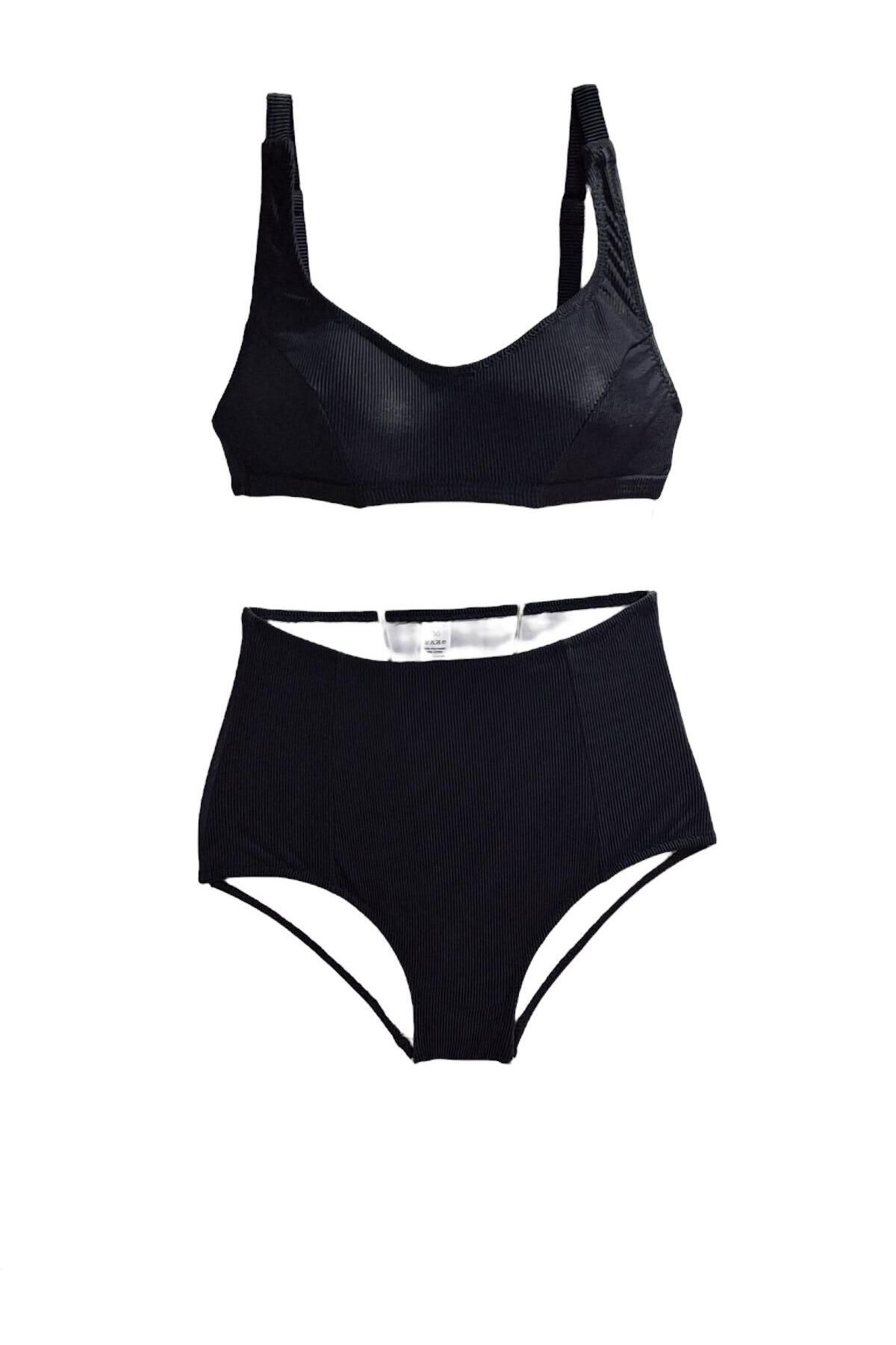 TooHot Kadın Siyah Fitilli Yüksek Bel Bikini Takımı