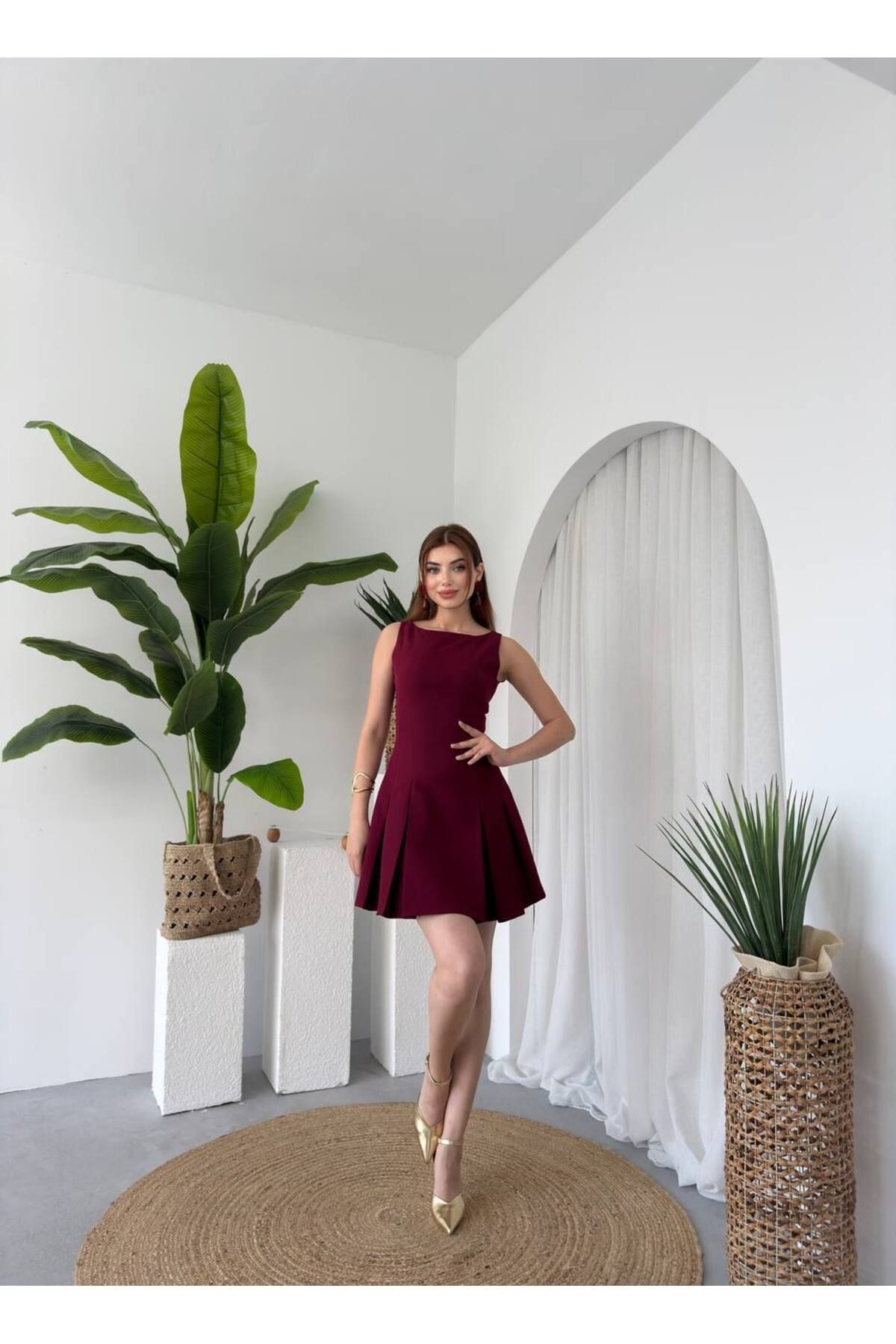 ETİKAFASHION Pileli Atlas Kumaş Mini Elbise