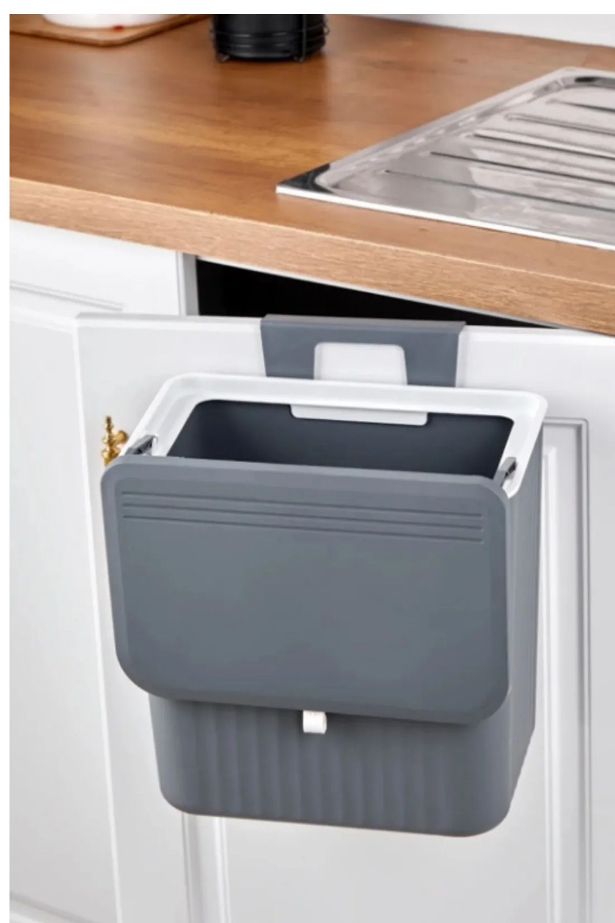 ego home Askılı Çöp Kovası Çizgili 15 Lt Mutfak Tezgah Üstü Ve Dolap Askılı Çöp Kovası Çift Yön Kapaklı
