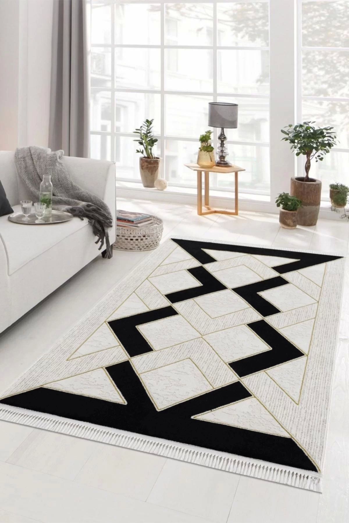 PetraHomeLiving Elizza Collection Modern Salon ve Oturma Odası Halısı - Krem Siyah