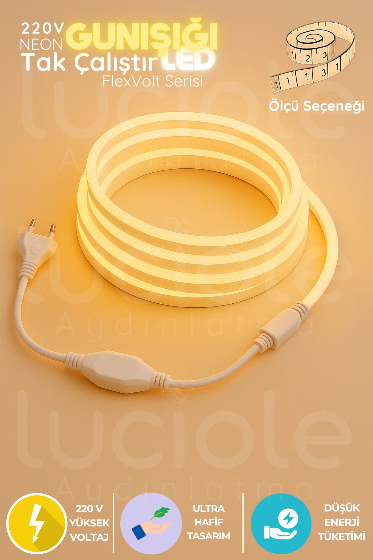 luciole 1 Metre FlexVolt 220V Günışığı Neon LED Şerit Işık – Fişli Tak Çalıştır Sıcak Beyaz Aydınlatma
