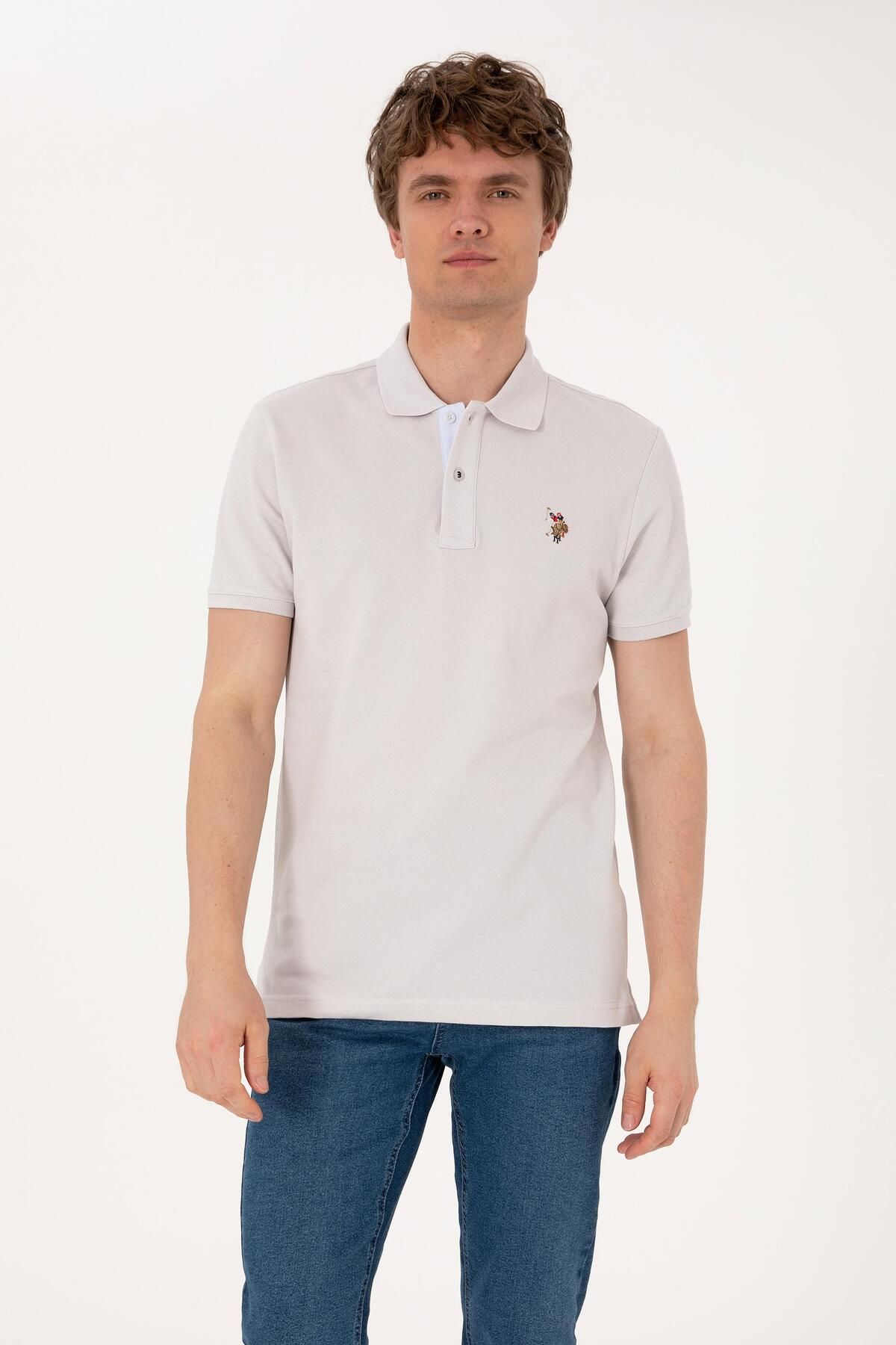 U.S. Polo Assn. Erkek Slim Fit Polo Yaka Açık Gri Basic Tişört