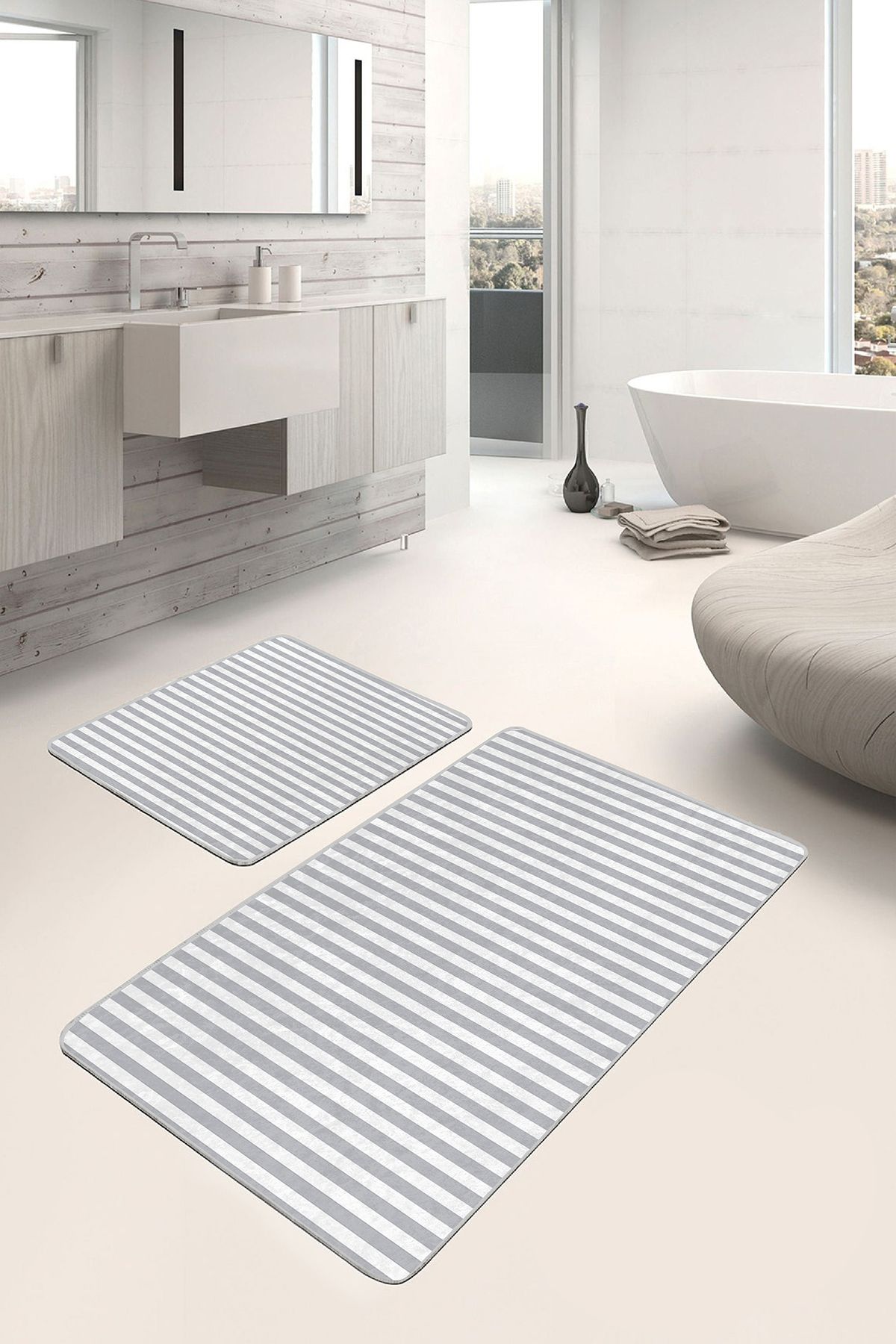 Realhomes 2'li Set Gri - Beyaz Zeminde Geometrik Motifli Çizgili Geometrik Klasik 2'li Banyo Paspas Takımı