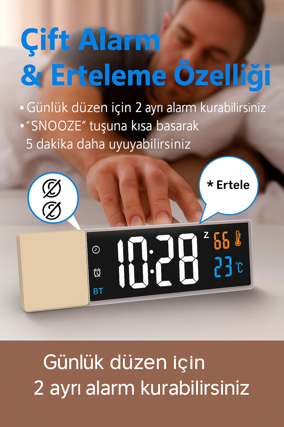Qifit Bluetooth Hoparlörlü Dijital Alarm Saat – 7" LCD, Isı & Nem Ölçer, Çift Alarm
