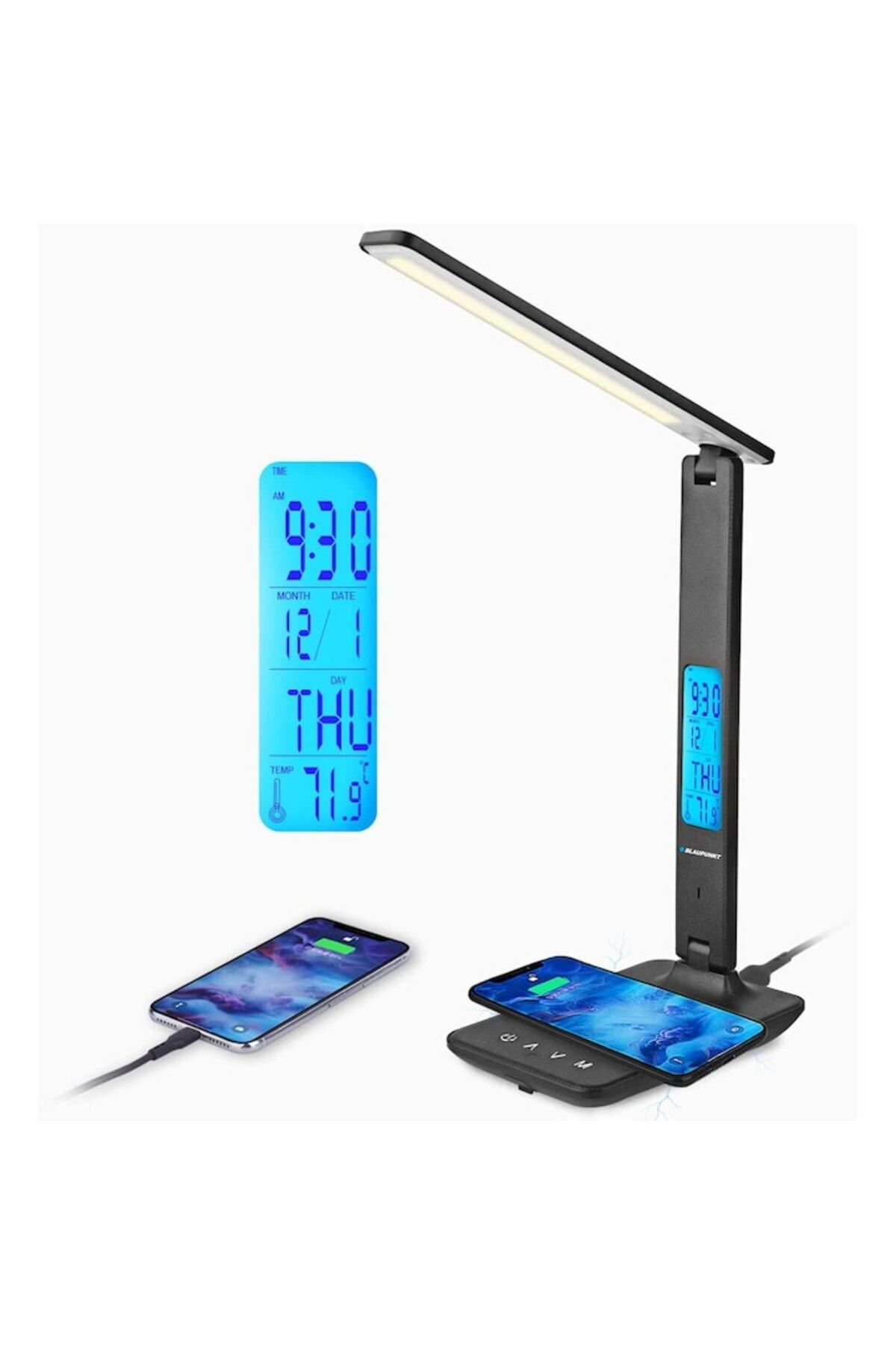 Blaupunkt-LED Lamp Blaupunkt with Wireless Charger, USB Port, Clock, Alarm, Thermometer, Touch Control, 5 Leve 3