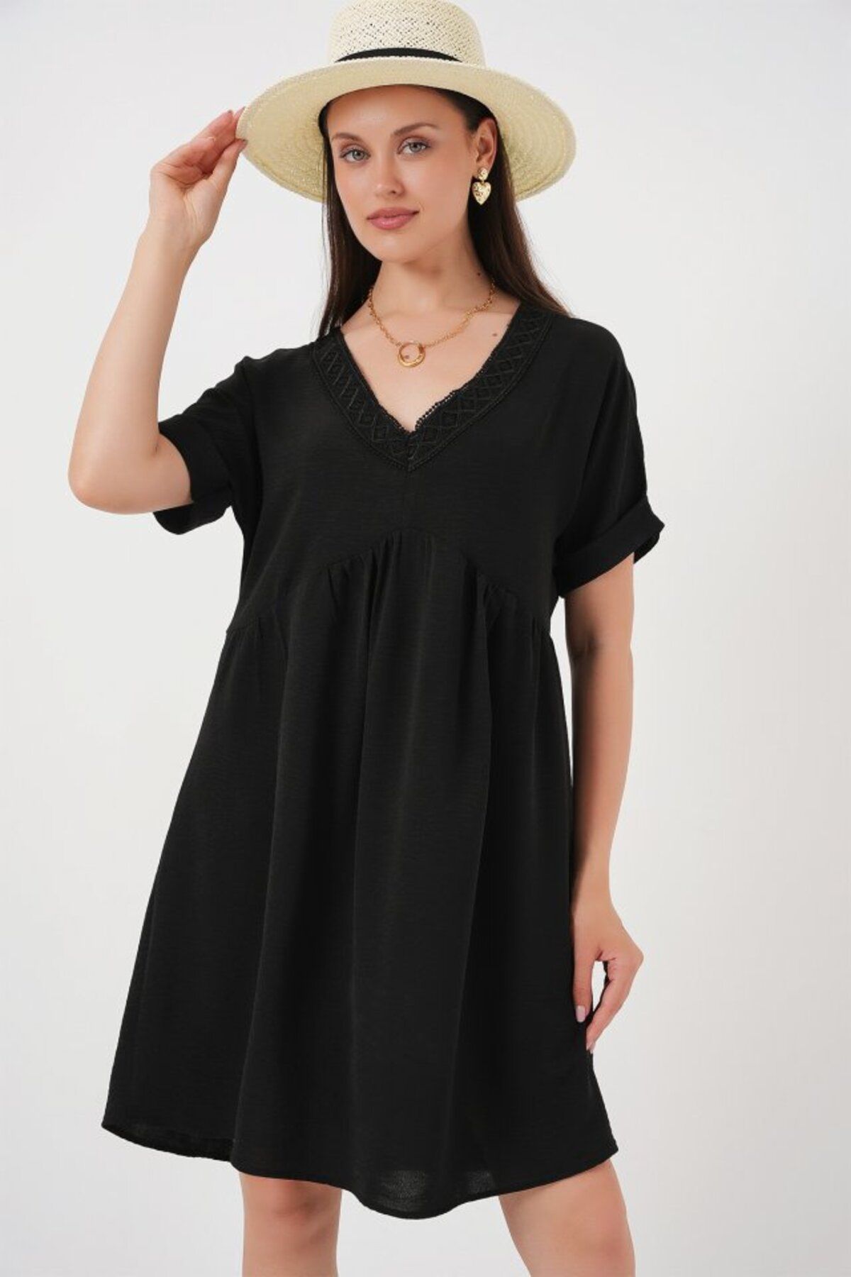 ETİLER COLLECTION V Yaka Kısa Kol Elbise 2567 - Siyah