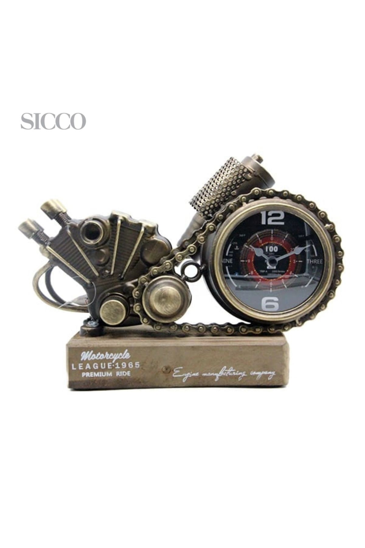 SİCCO Sicco - Vintage Motosiklet Motoru Tasarımlı Masa Saati - Retro Zincir Detaylı Dekoratif Hediyelik