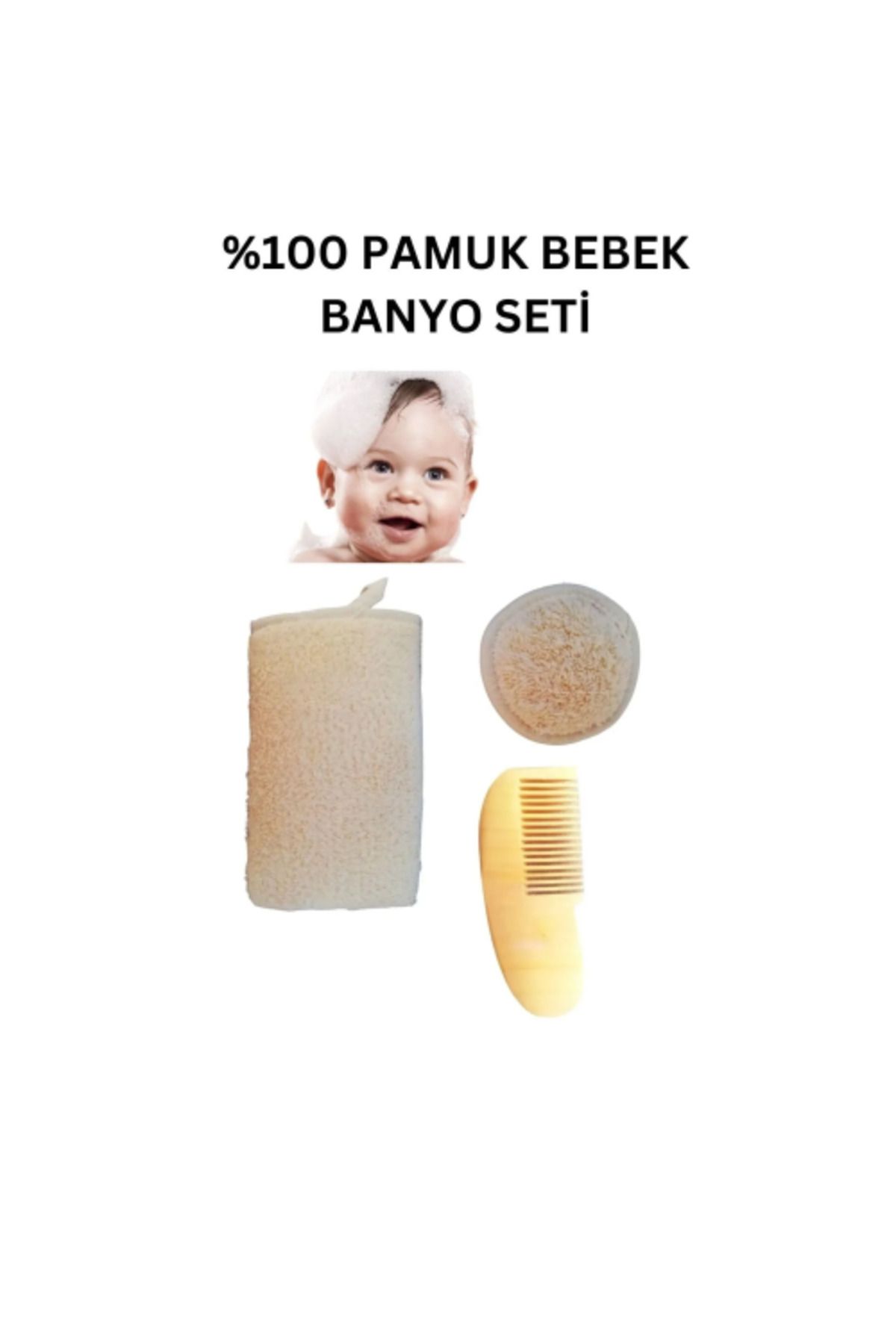 Modafiks %100 Doğal Pamuk Bebek Banyo Lifi, Doğal Pamuklu Bebek Yüz Lifi, Bebek Limon Ağacı Ahşap Tarak Set