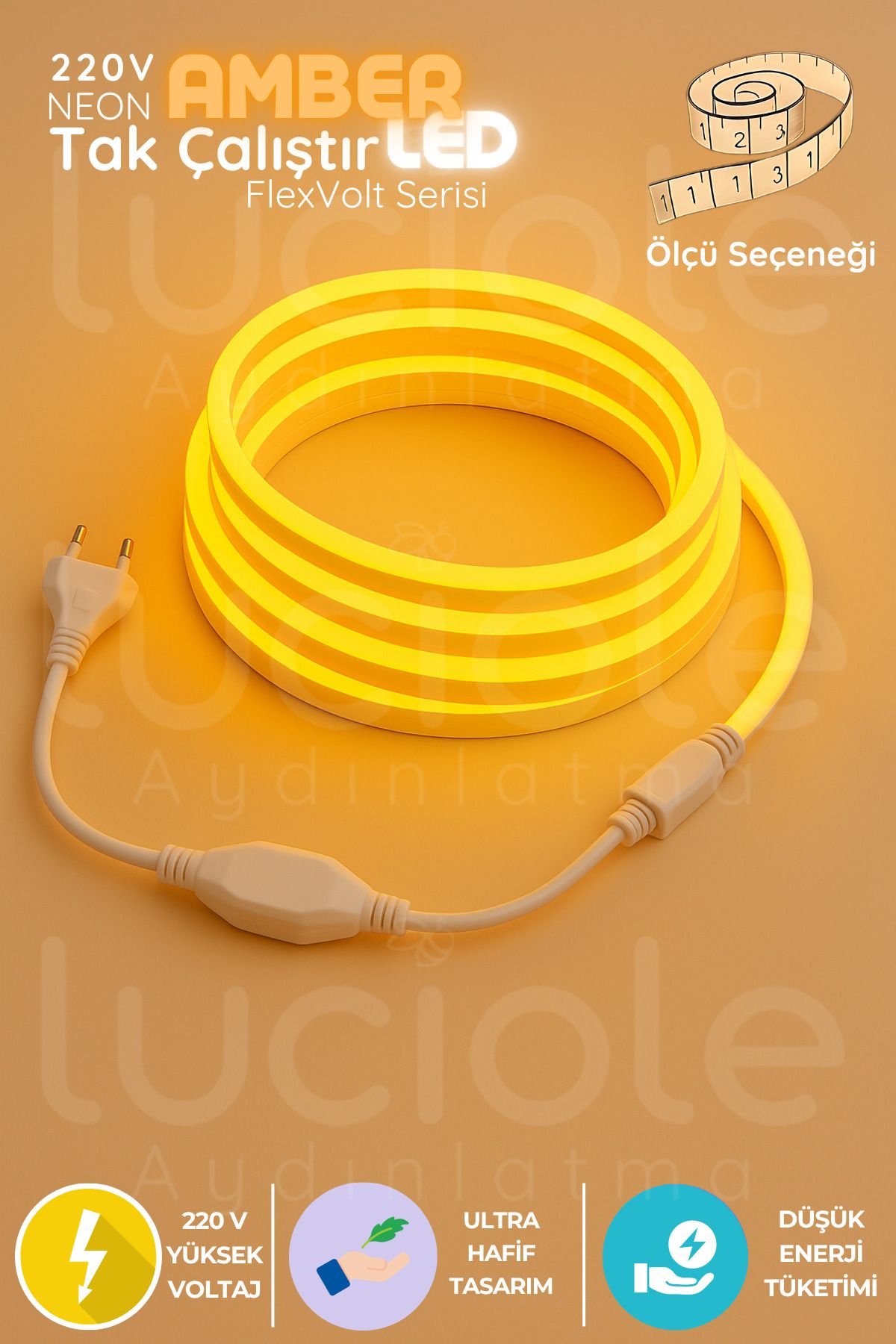 luciole 10 Metre FlexVolt 220V Amber Neon LED Şerit Işık – Tak Çalıştır Fişli Sıcak Turuncu Işık Çözümü