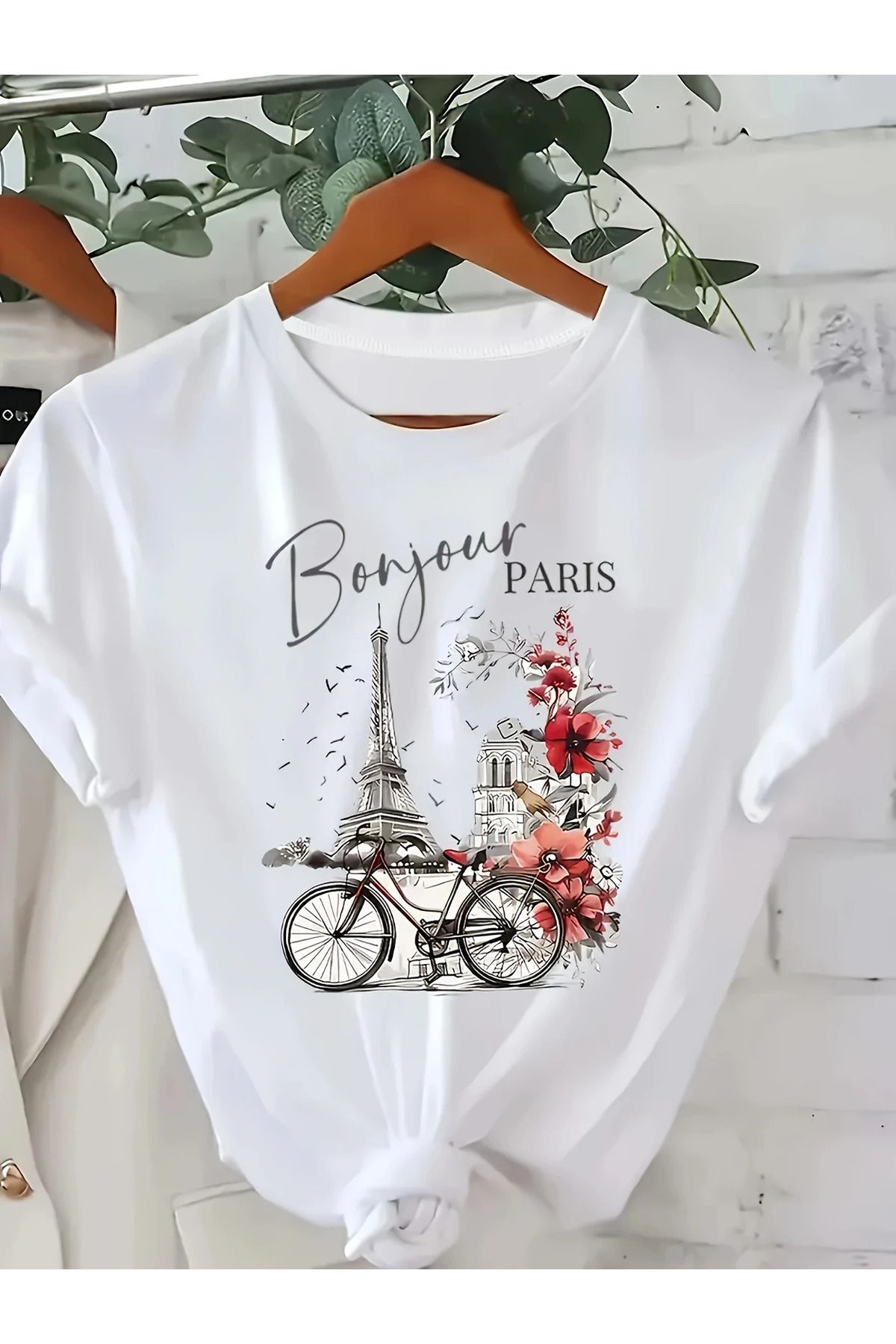 İnazuma Outdoors Unisex Oversize Baskılı Pamuklu Bisiklet Yaka Kısa Kollu BEYAZ T-shirt BONJOUR PARİS