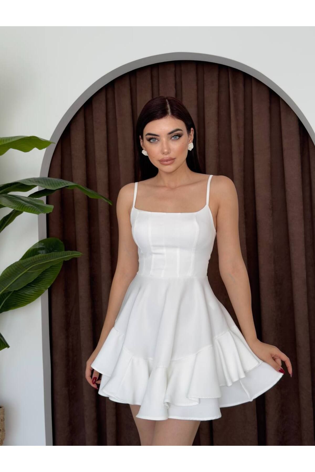 ETİKAFASHION Askılı Volanlı Eteği Belden Açılan Fırfırlı Mini Elbise