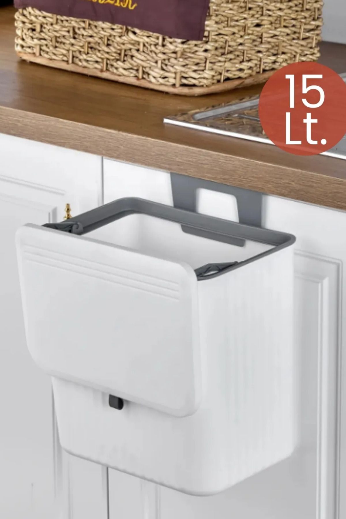 ego home Askılı Çöp Kovası Çizgili 15 Lt Mutfak Tezgah Üstü Ve Dolap Askılı Çöp Kovası Çift Yön Kapaklı