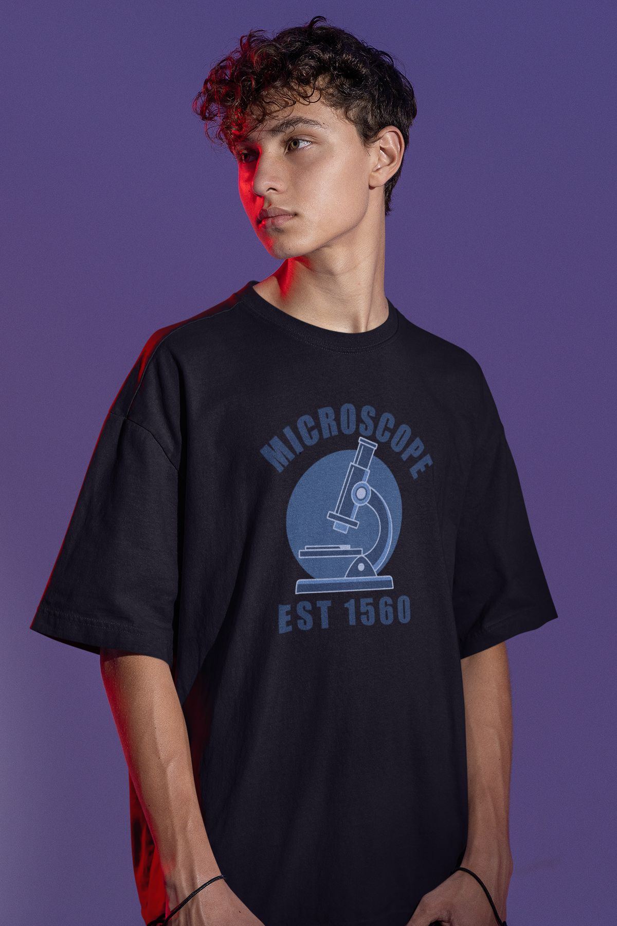 Uniquetex NUBENSE / MİKPA-05 - Oversize Unisex Mikroskop Baskılı Siyah Bisiklet Yaka T-shirt (Bilim Tişört)