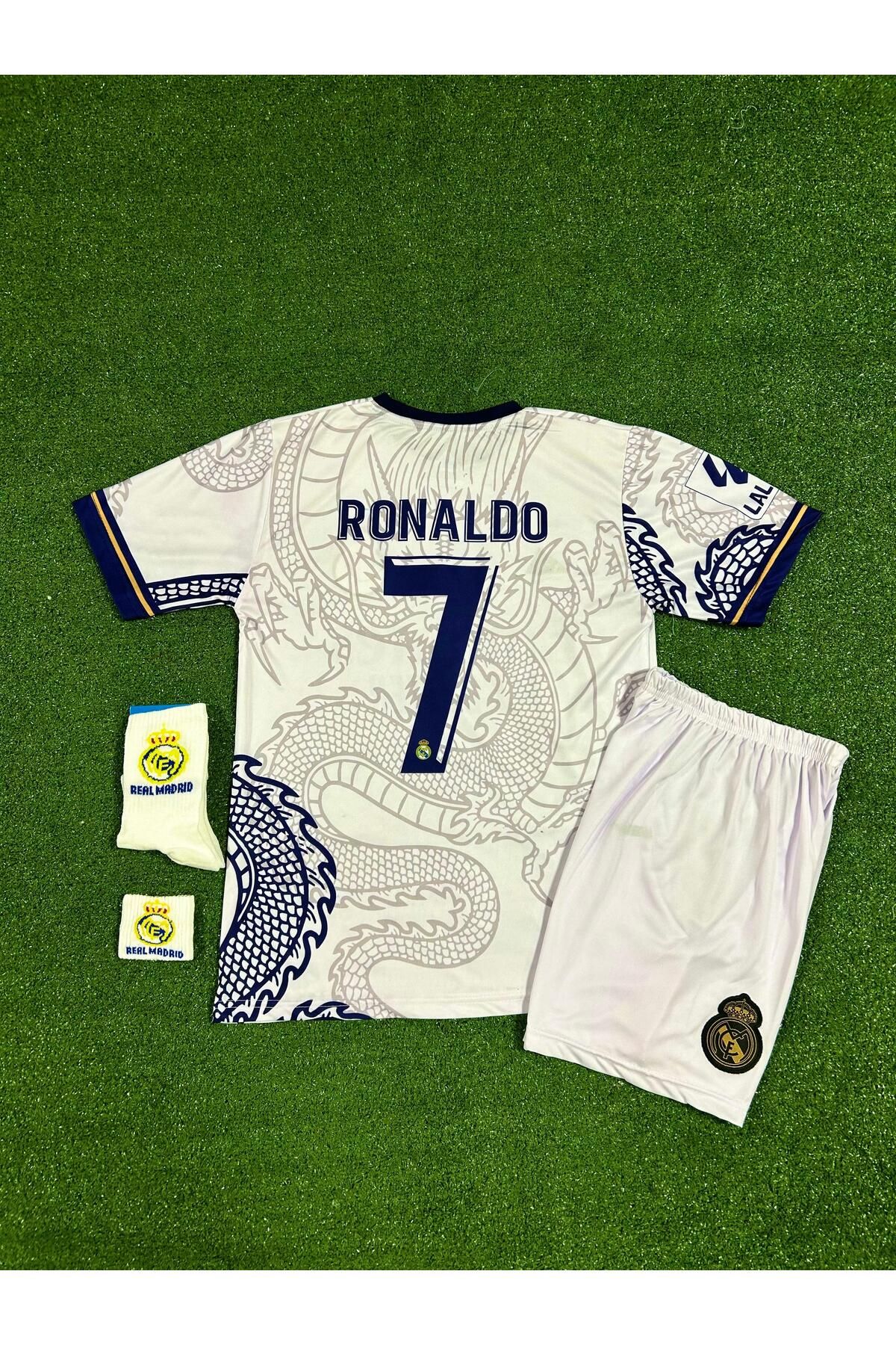 BARBITOS Real Madrid Cristiano Ronaldo BEYAZ Dragon Desenli Çocuk Forması 4'lü Set (Armalı)