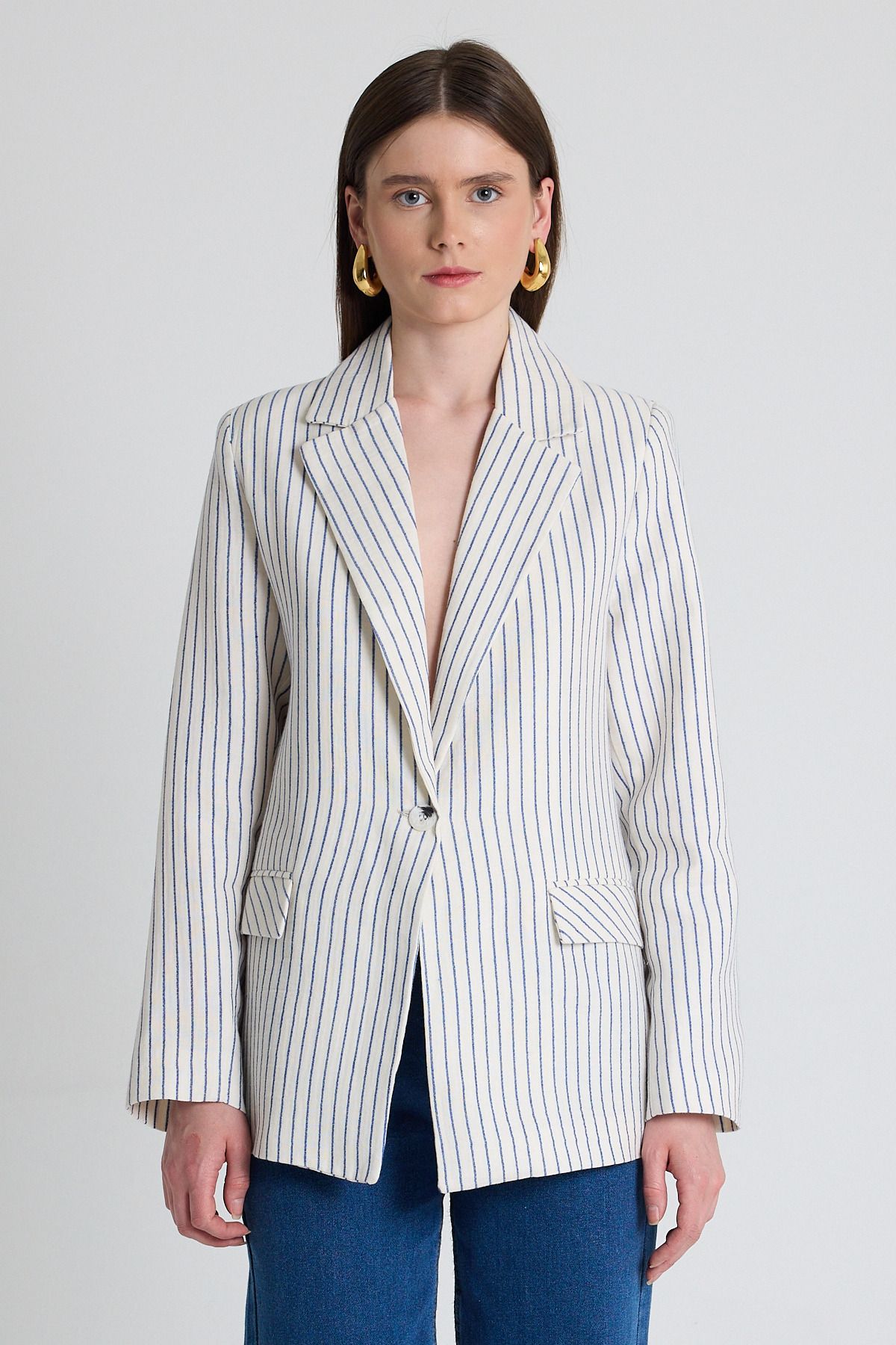 Rays Mavi Keten Görünümlü %100 Pamuk Çizgili Blazer Ceket 2305