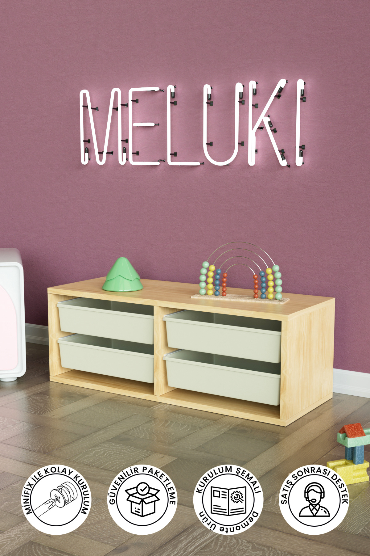 hediye kapında 4 Sepetli "Meluki" Oyuncak Dolabı Çok Amaçlı Kiler Dolabı Mutfak Banyo Akçaağaç