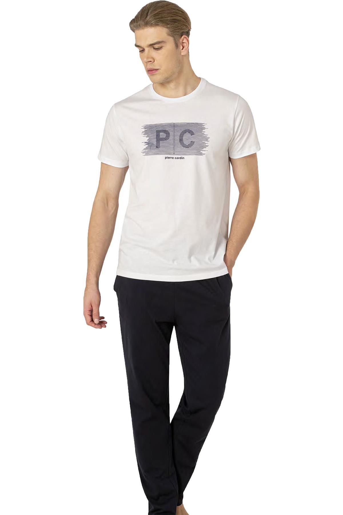 Pierre Cardin PC Yazı Baskılı %100 Pamuk, Bisiklet Yaka, Kısakol, Penye Erkek Pijama Takım, Alt Pija
