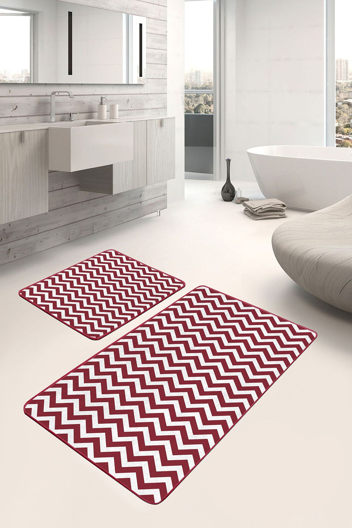 Realhomes Bordo Zeminde Zikzak Motifli Geometrik Desenli Geometrik Klasik 2'li Banyo & Mutfak Paspas Takımı