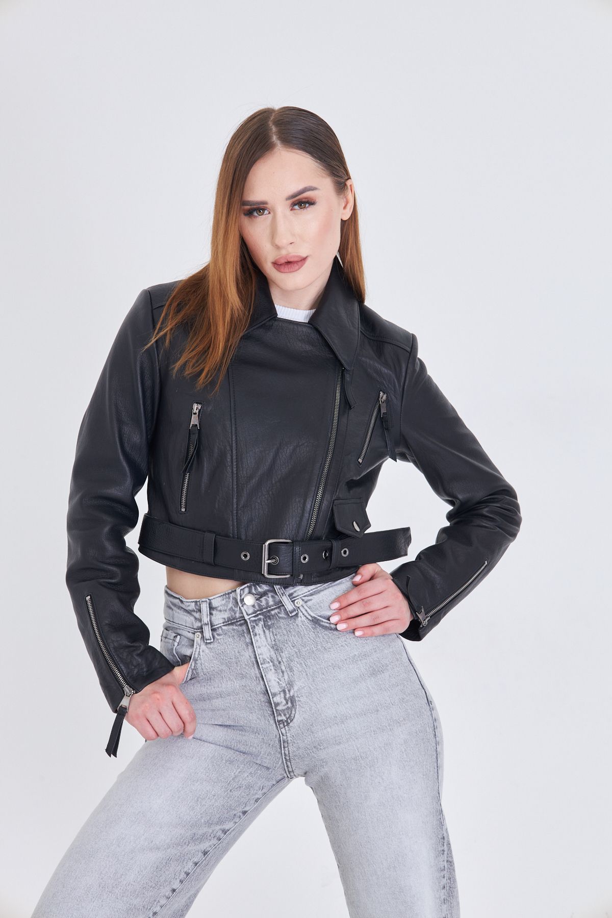 By Marki Marki Kadın Siyah Hakiki Deri Crop Ceket – Biker Stil, Kruvaze Yaka, Kemerli, 52 cm - 117622