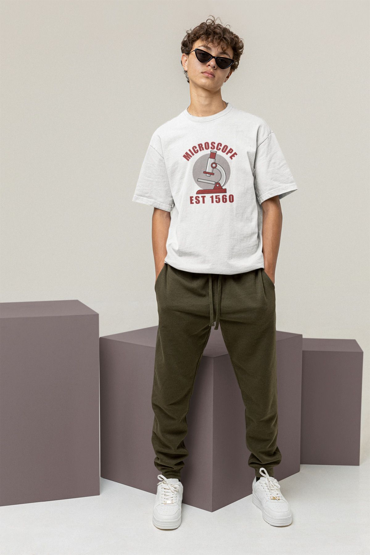 Uniquetex NUBENSE / MİKPA-08 - Oversize Unisex Mikroskop Baskılı Beyaz Bisiklet Yaka T-shirt (Bilim Tişört)