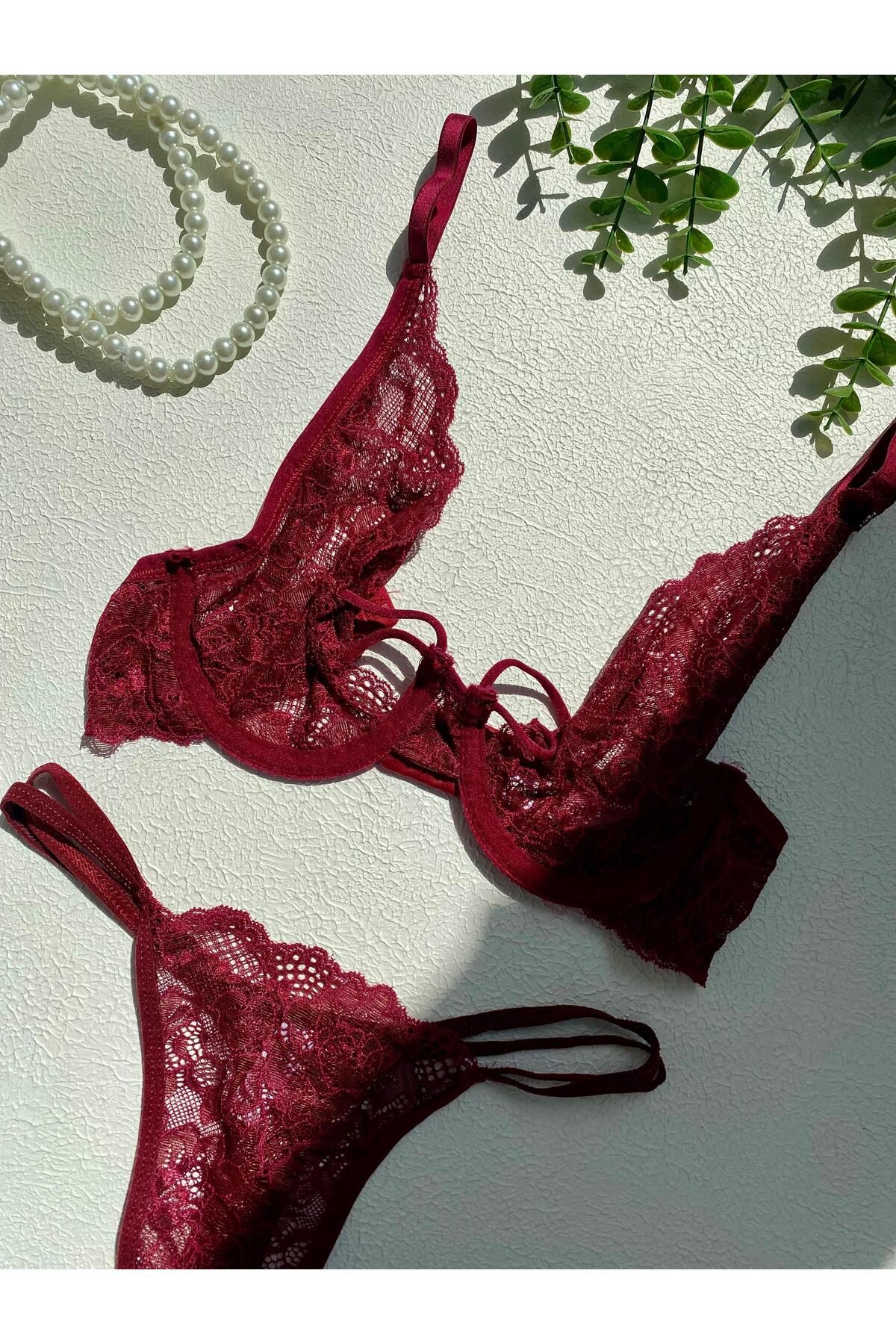 LORE SORTA LINGERIE Bordo Dantelli Yarımay İç Çamaşırı Takımı