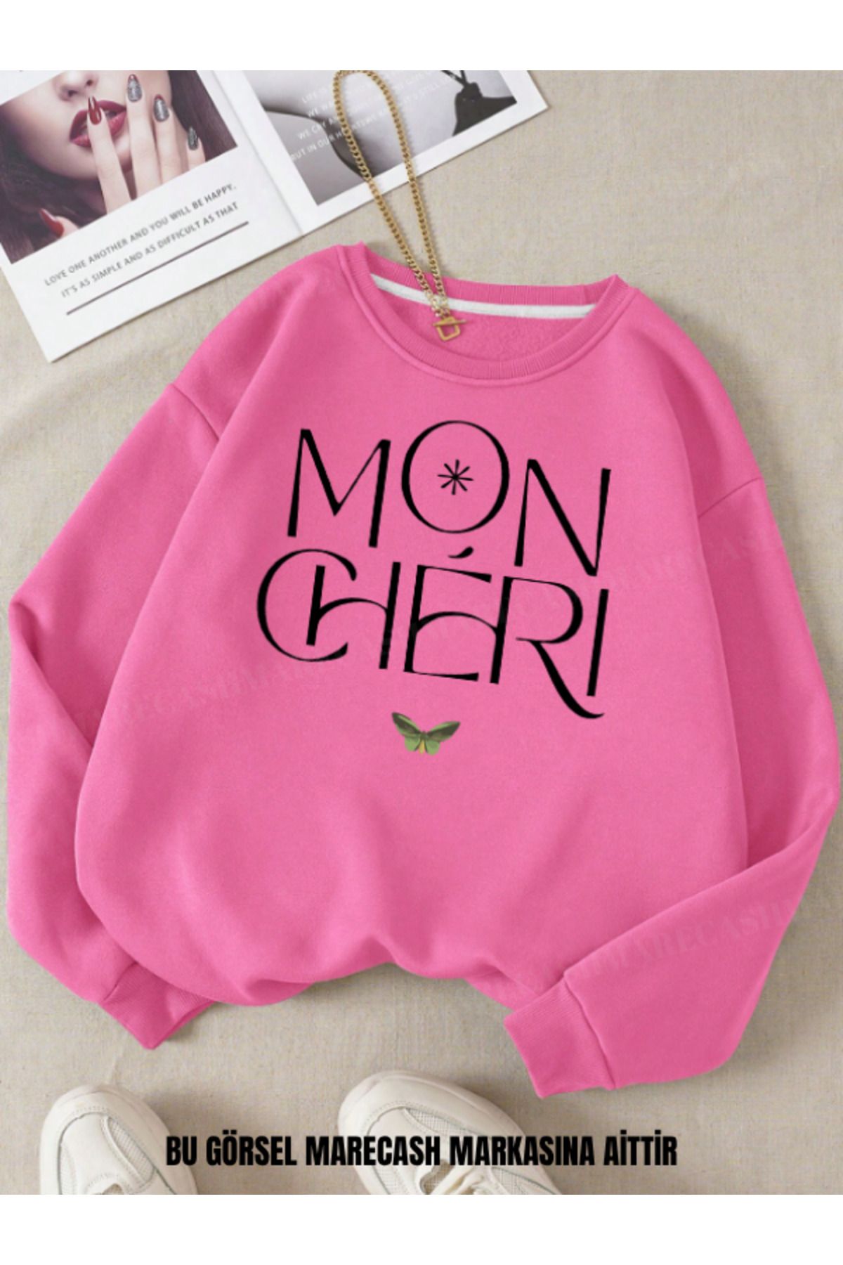 MARECASH Mon Cheri Baskılı Unisex Bisiklet Yaka Sweatshirt 3 İplik Kışlık