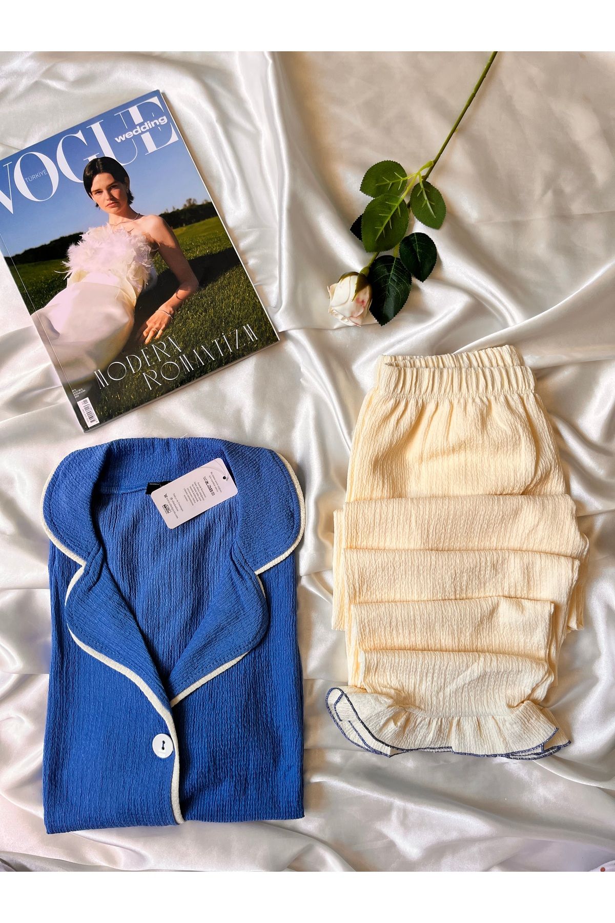 beshineunderwear Mavi Bürümcük Kısa Kollu Pijama Takımı