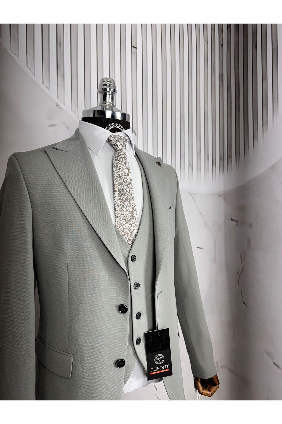 Slim Fit Çift Düğme Yelekli Takım Elbise — خاکستری 29103440 — تصویر 4 از 4
