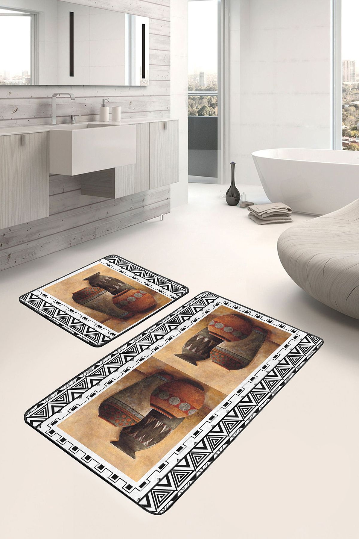 Realhomes Kahverengi Siyah Zeminde Etnik Motifli Su Küpü Etnik Motifler Bohem 2'li Banyo Mutfak Paspas Takımı