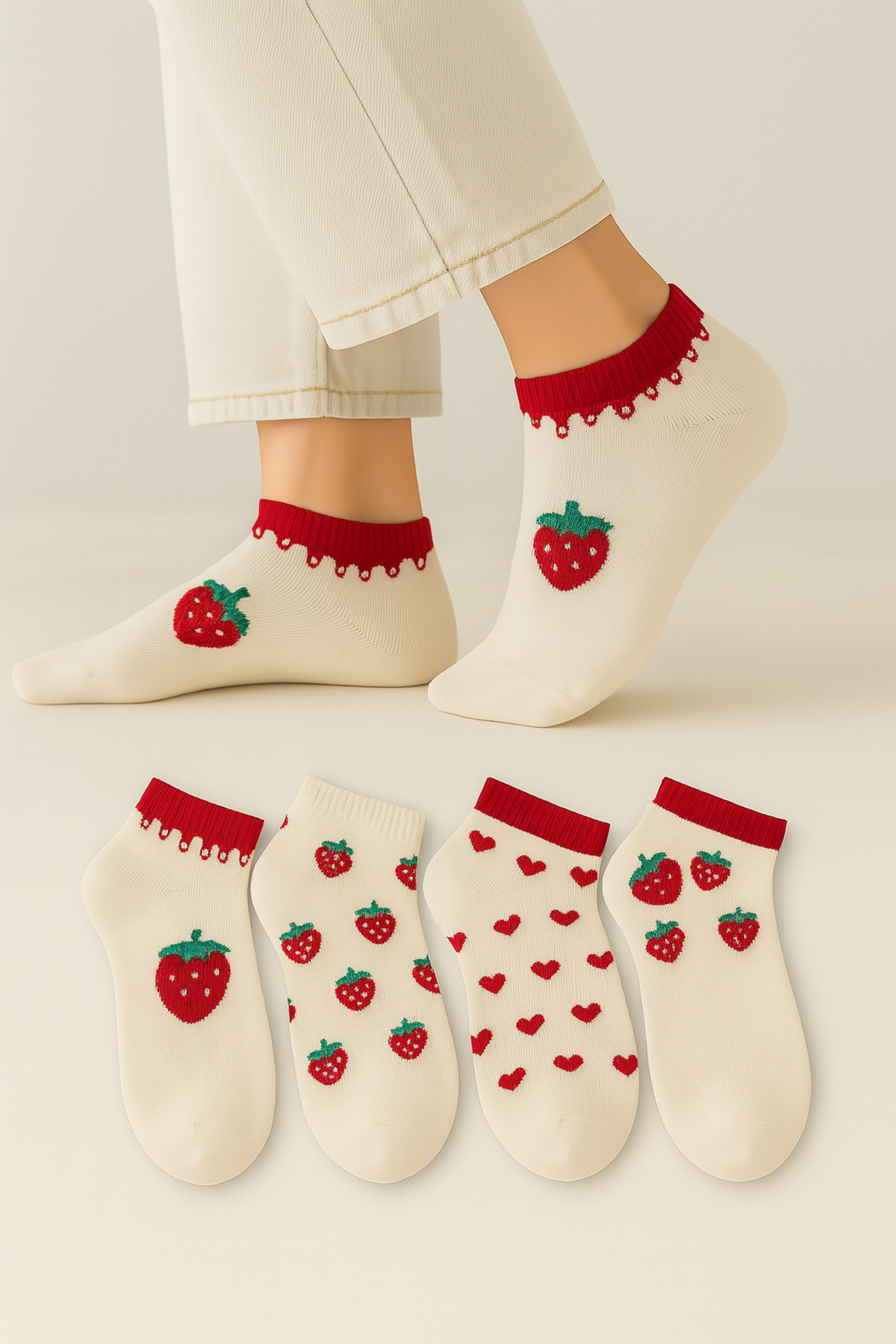 Cotton Seamless 4-Pack Strawberry Patterned Women's Socks
