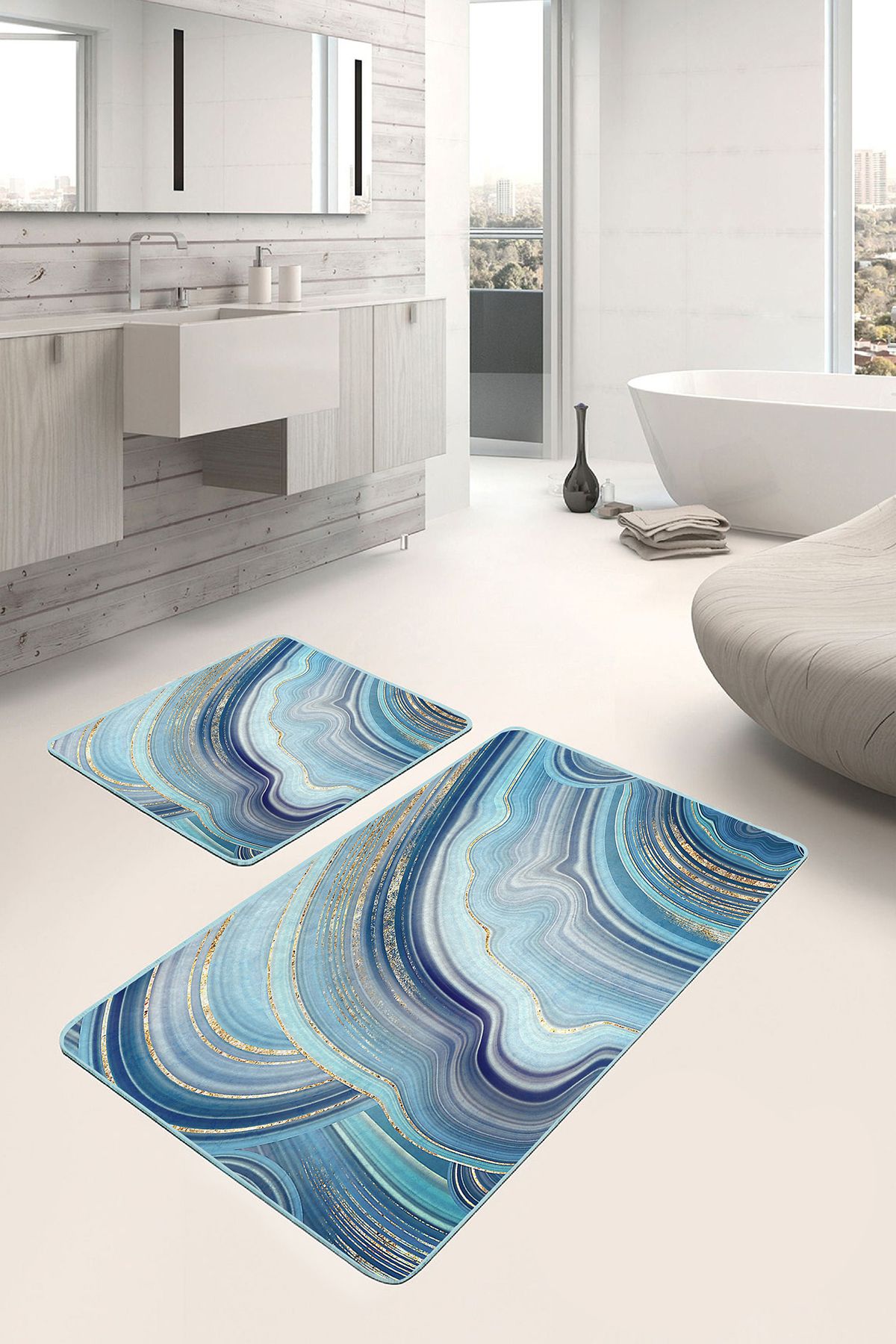 Realhomes Gold - Turkuaz Zeminde Mermer Motifli Modern Sanat Modern Sade Şık 2'li Banyo Mutfak Paspas Takımı