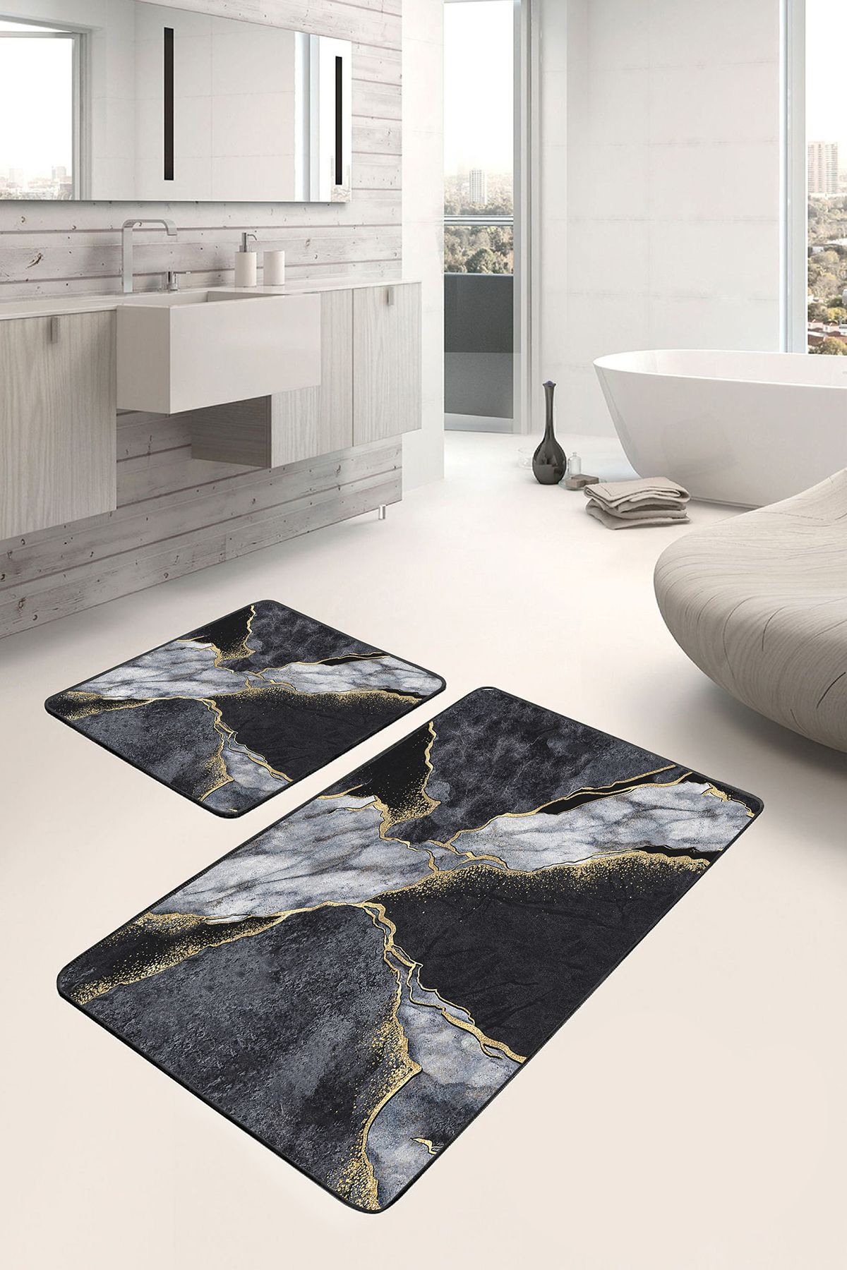 Realhomes 2'li Set Gold - Siyah Zeminde Mermer Motifli Kanvas Modern Sade & Şık 2'li Banyo Paspas Takımı