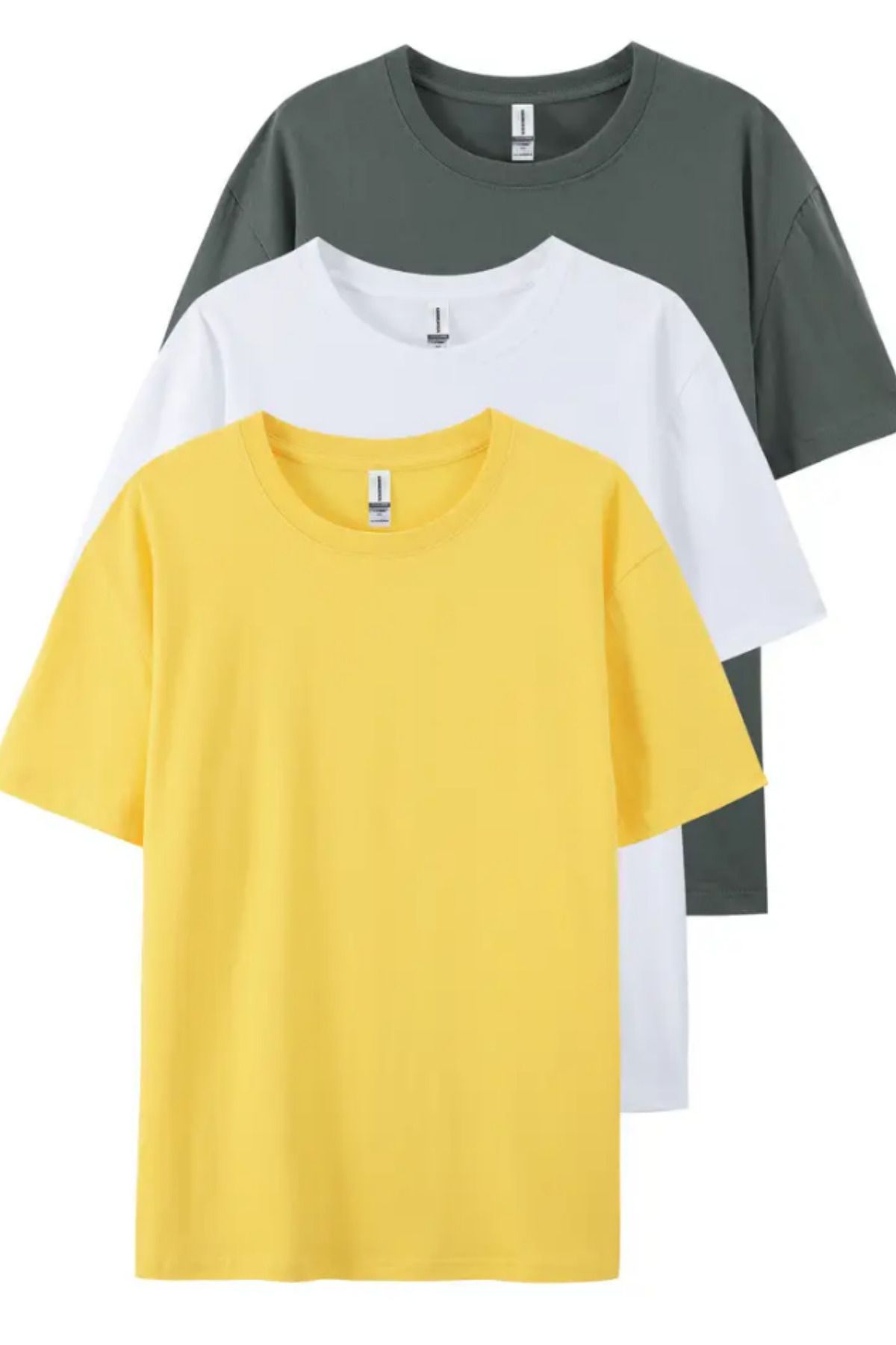 BLUE STREET Füme Beyaz Sarı 3'lü Basic Bisiklet Yaka T-shirt