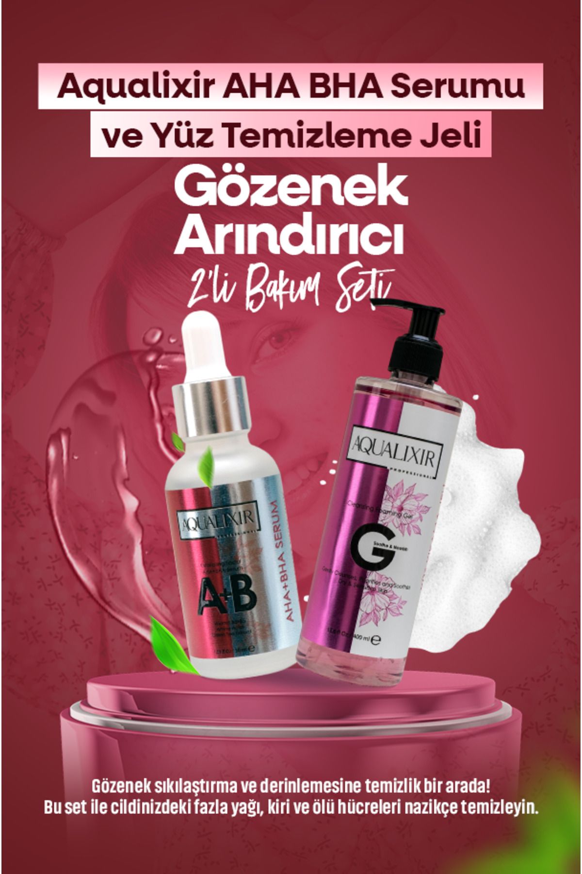 AQUALIXIR PROFESSIONAL AHA BHA Serumu Ve Yüz Temizleme Jeli 2’li Gözenek Arındırıcı Bakım Seti